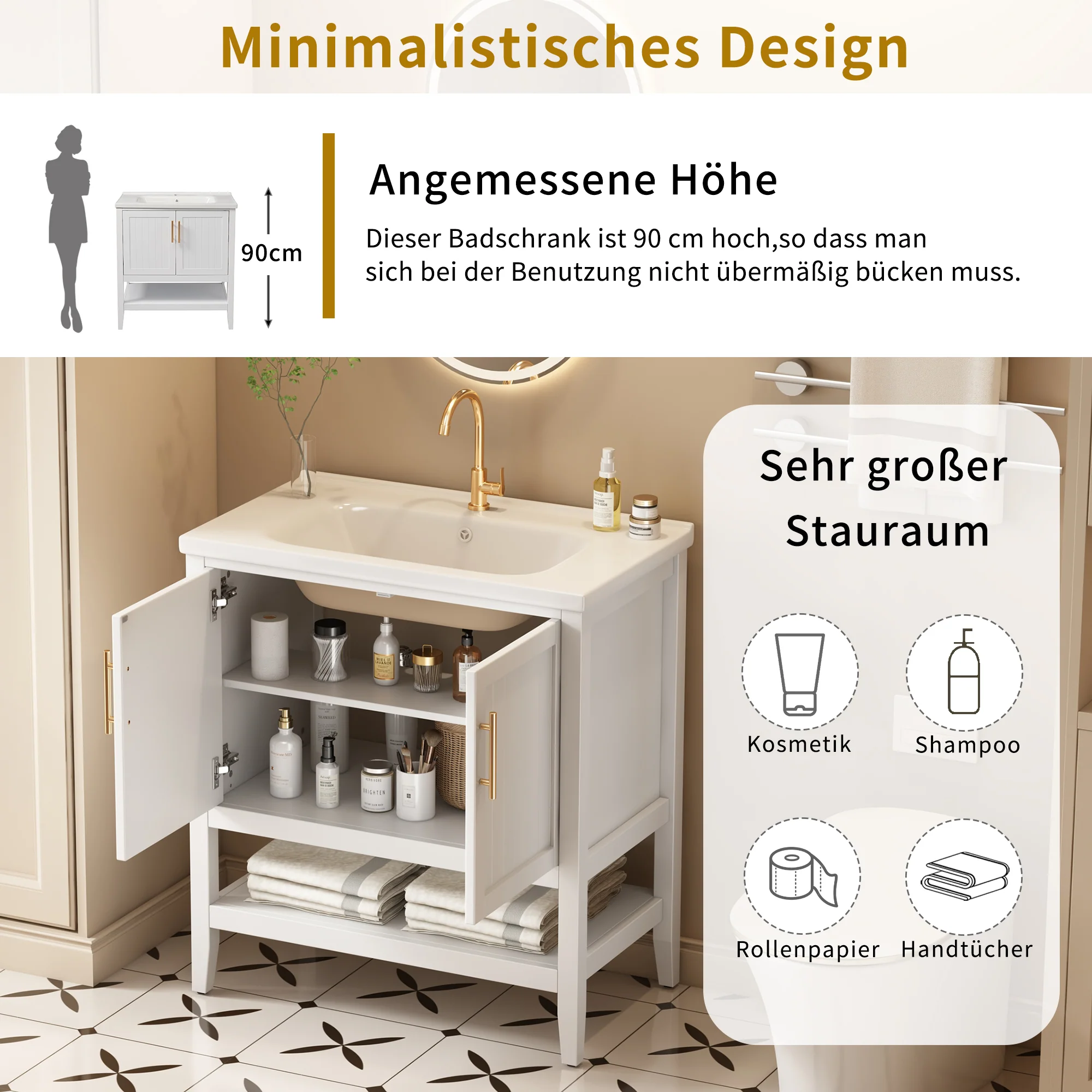Single Vanity Unit 80cm Ceramic Washbasin - White - Image 9