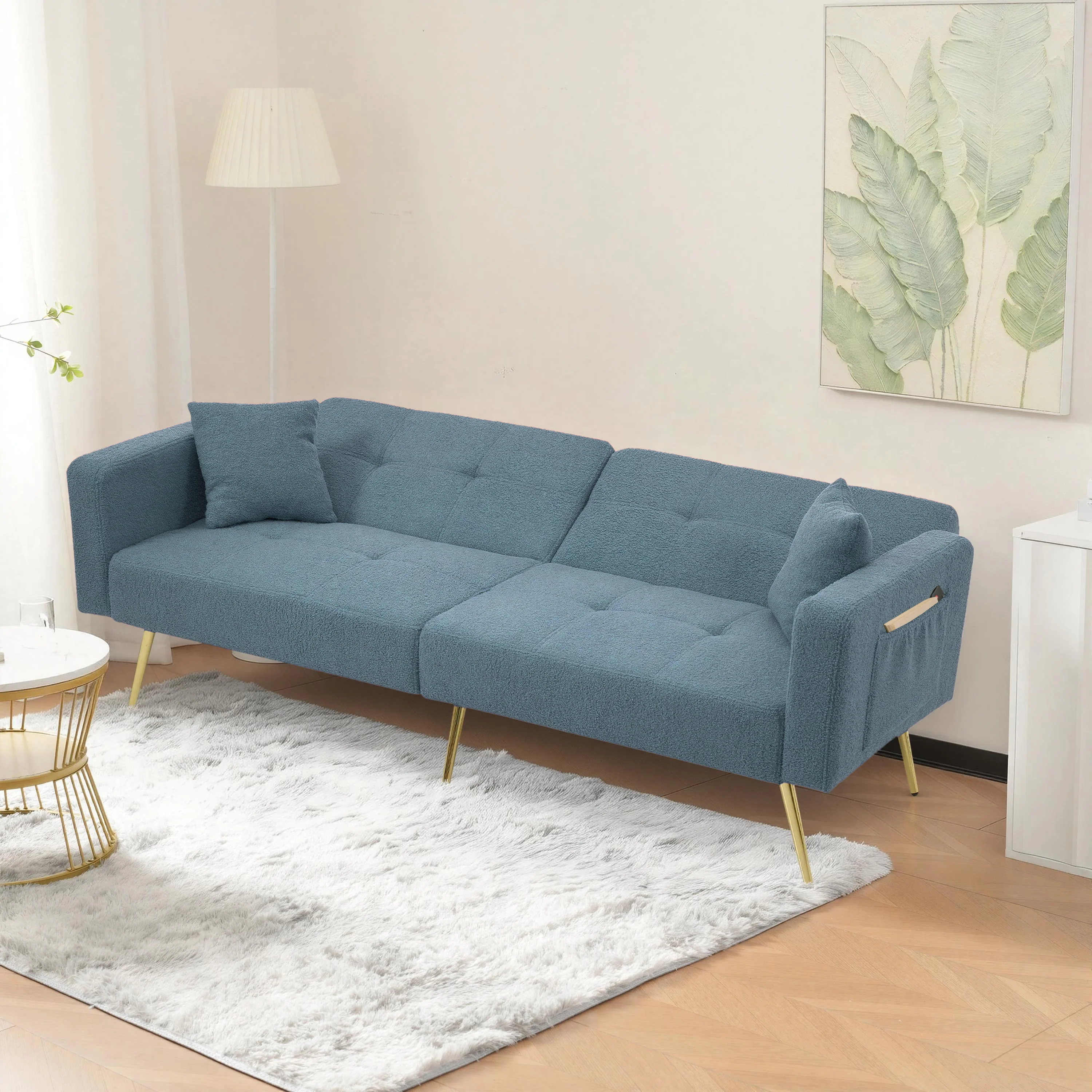Sleeper Sofa with Adjustable Angle and Side Pockets, Smog Blue Sherpa - Image 2