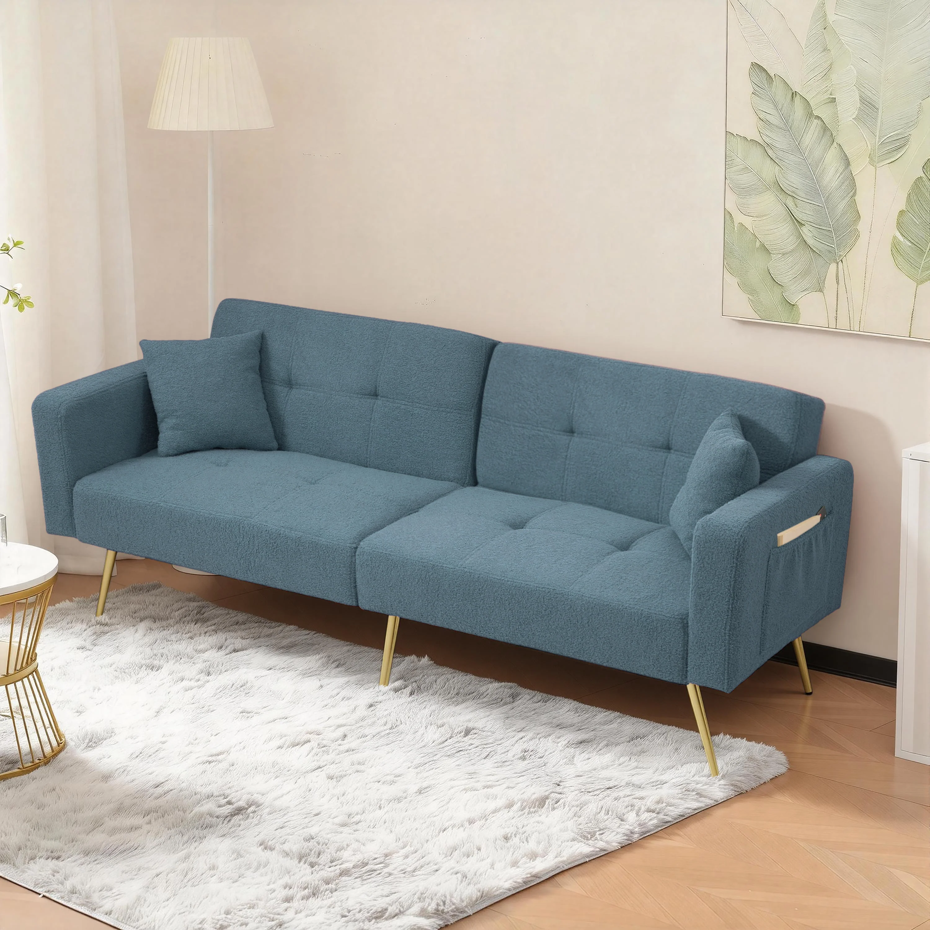 Sleeper Sofa with Adjustable Angle and Side Pockets, Smog Blue Sherpa - Image 3