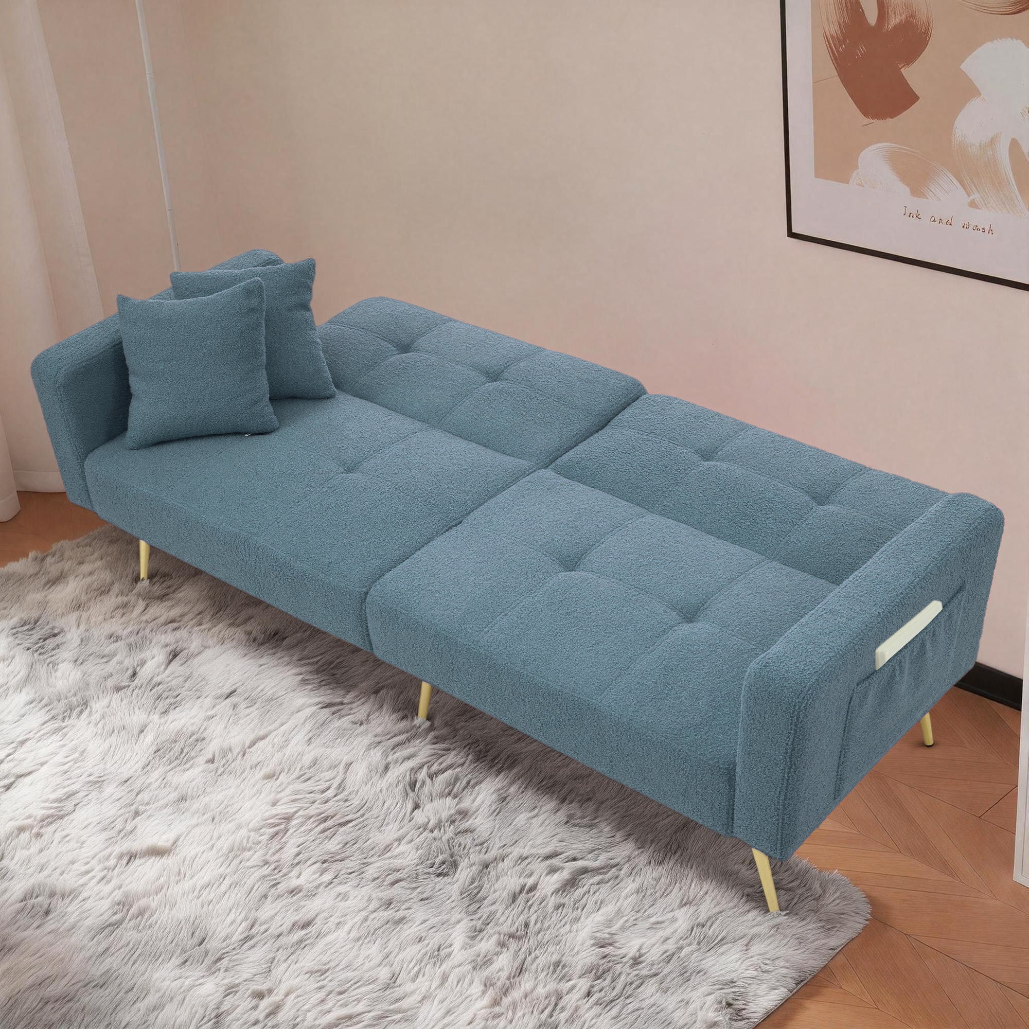 Sleeper Sofa with Adjustable Angle and Side Pockets, Smog Blue Sherpa - Image 4