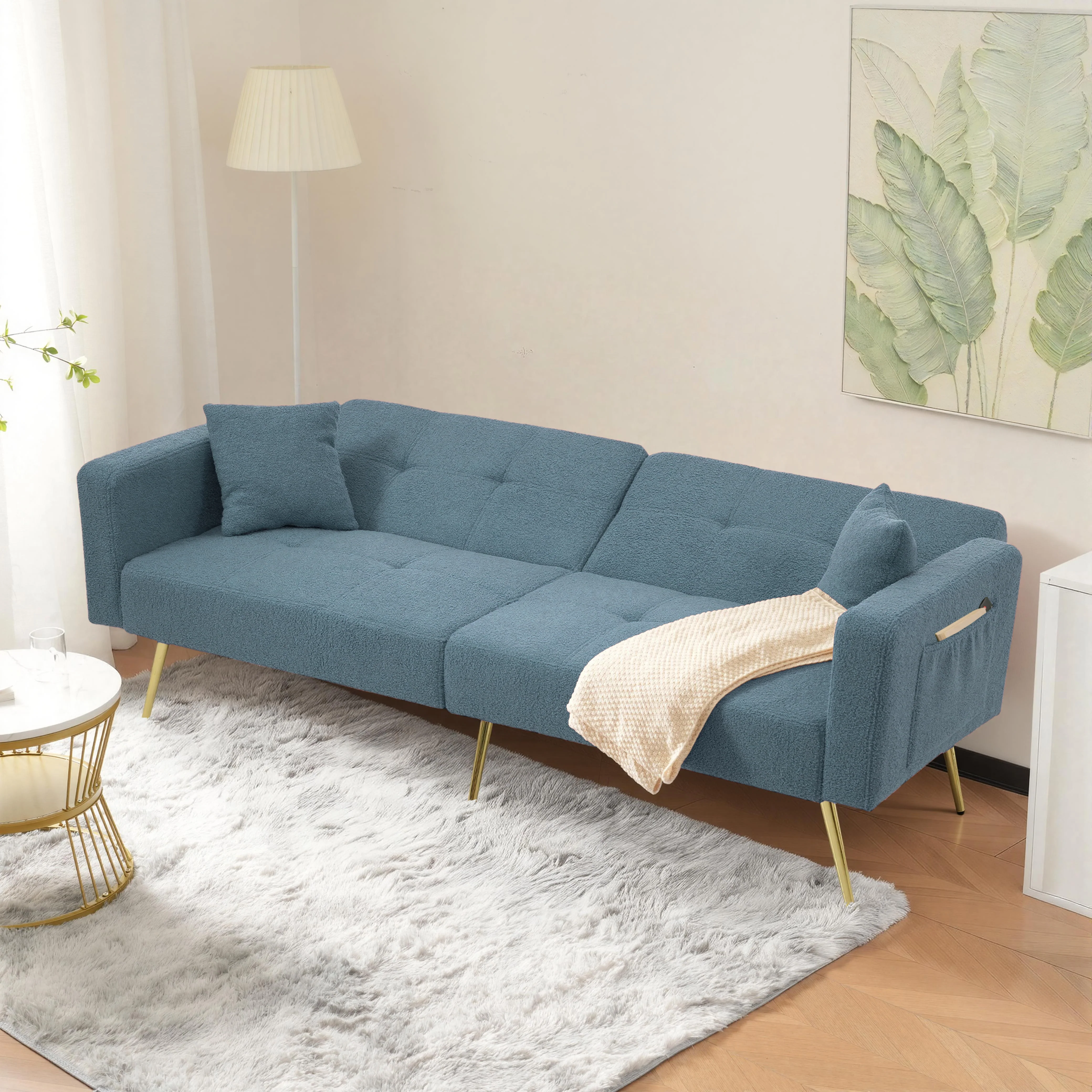 Sleeper Sofa with Adjustable Angle and Side Pockets, Smog Blue Sherpa - Image 5