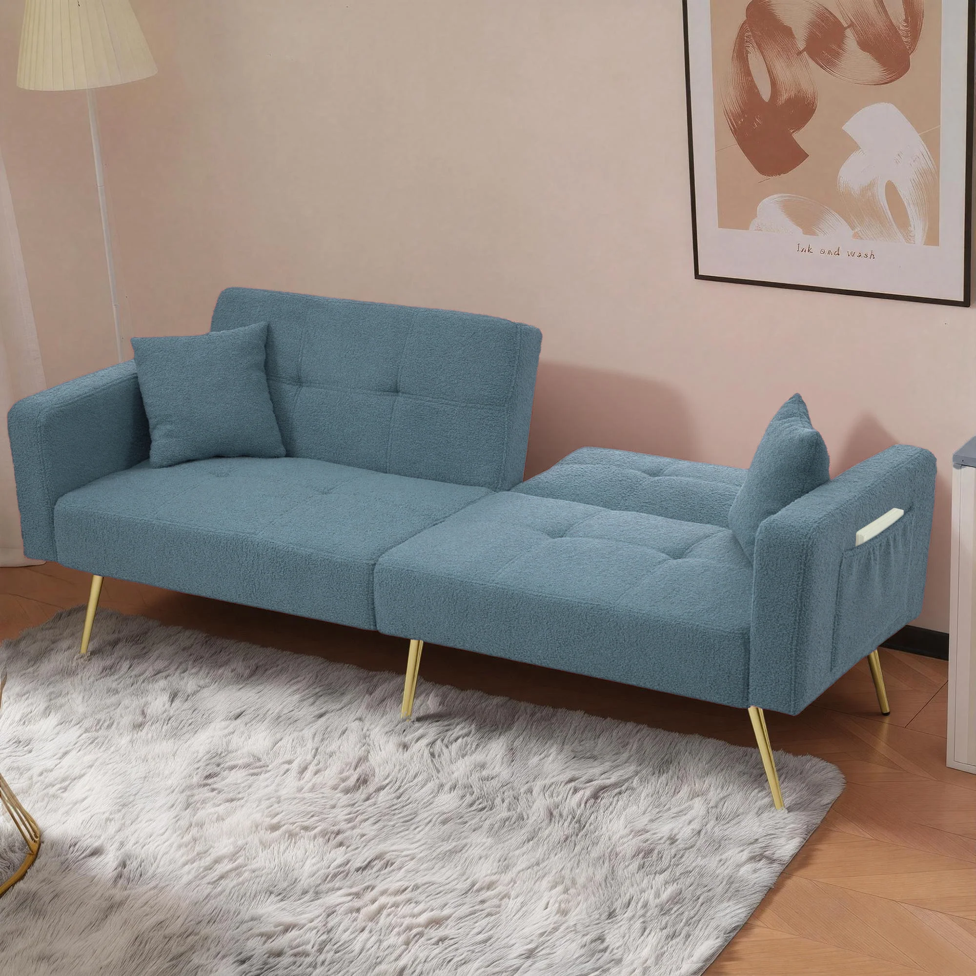 Sleeper Sofa with Adjustable Angle and Side Pockets, Smog Blue Sherpa - Image 6