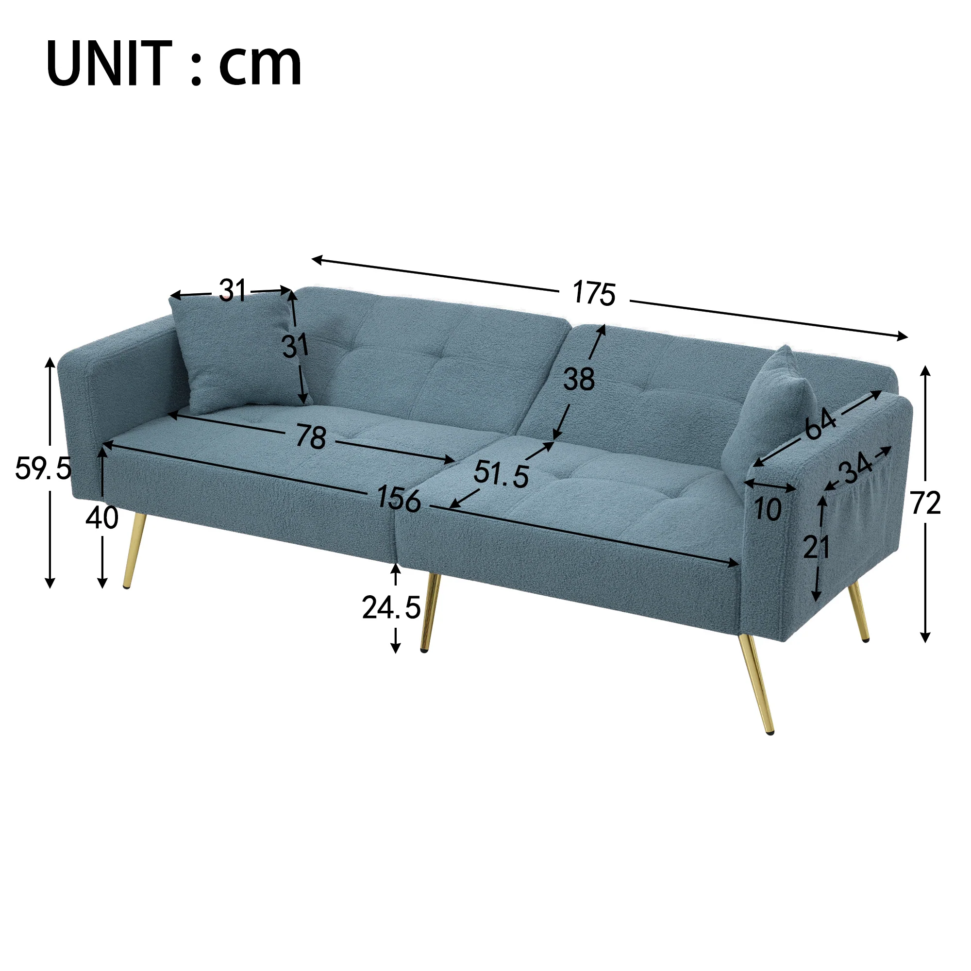 Sleeper Sofa with Adjustable Angle and Side Pockets, Smog Blue Sherpa - Image 7