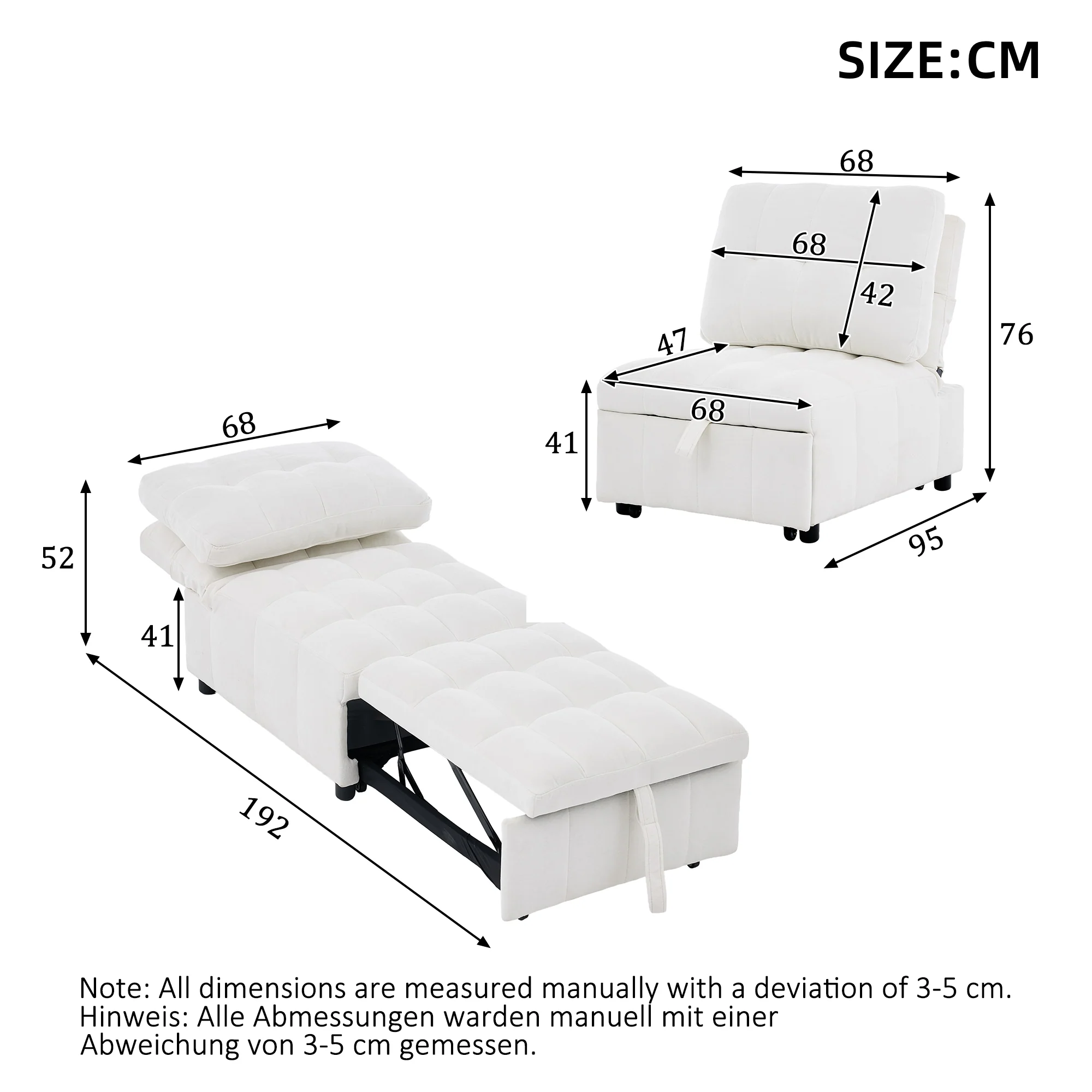 Sleeper Sofa with Adjustable Backrest and Foldable Pull-Out Design, White - Image 7