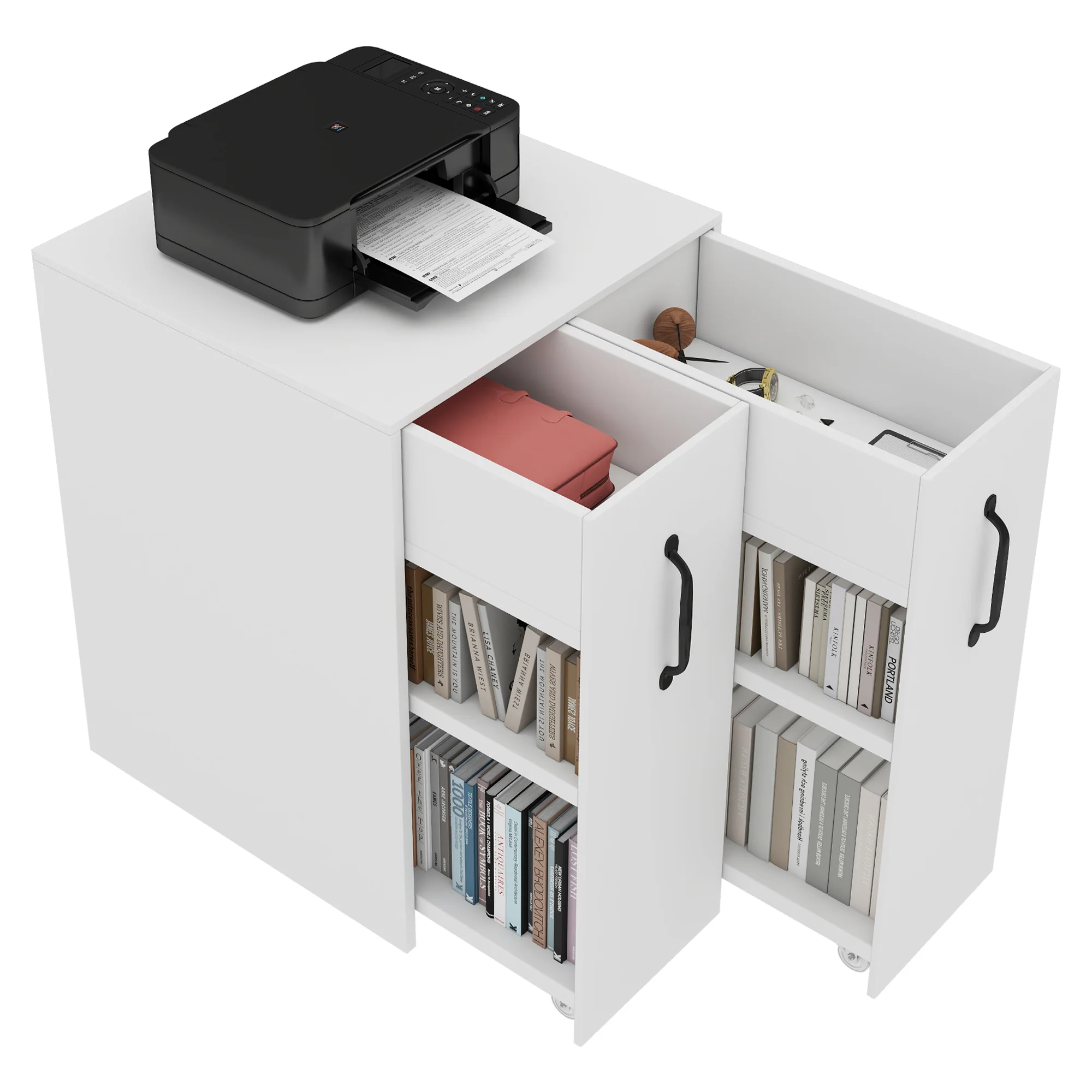 Small Bookcase with Wheels Extendable Reversible Shelves & Drawers - Image 10