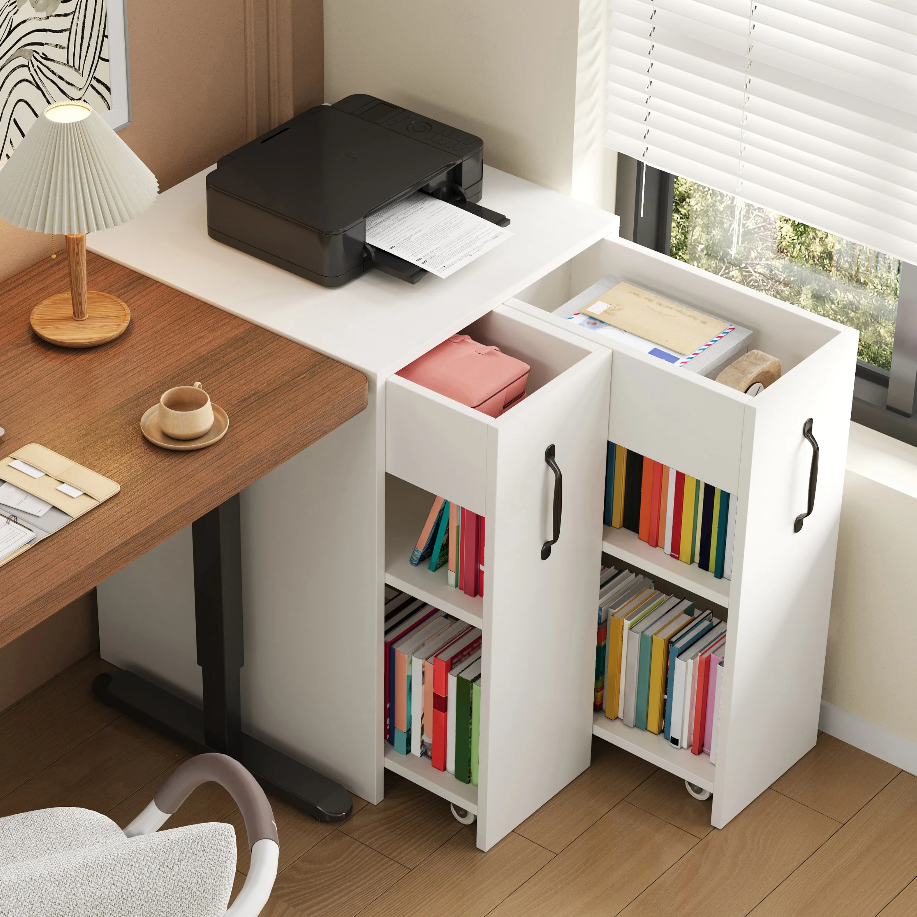 Small Bookcase with Wheels Extendable Reversible Shelves & Drawers - Image 2