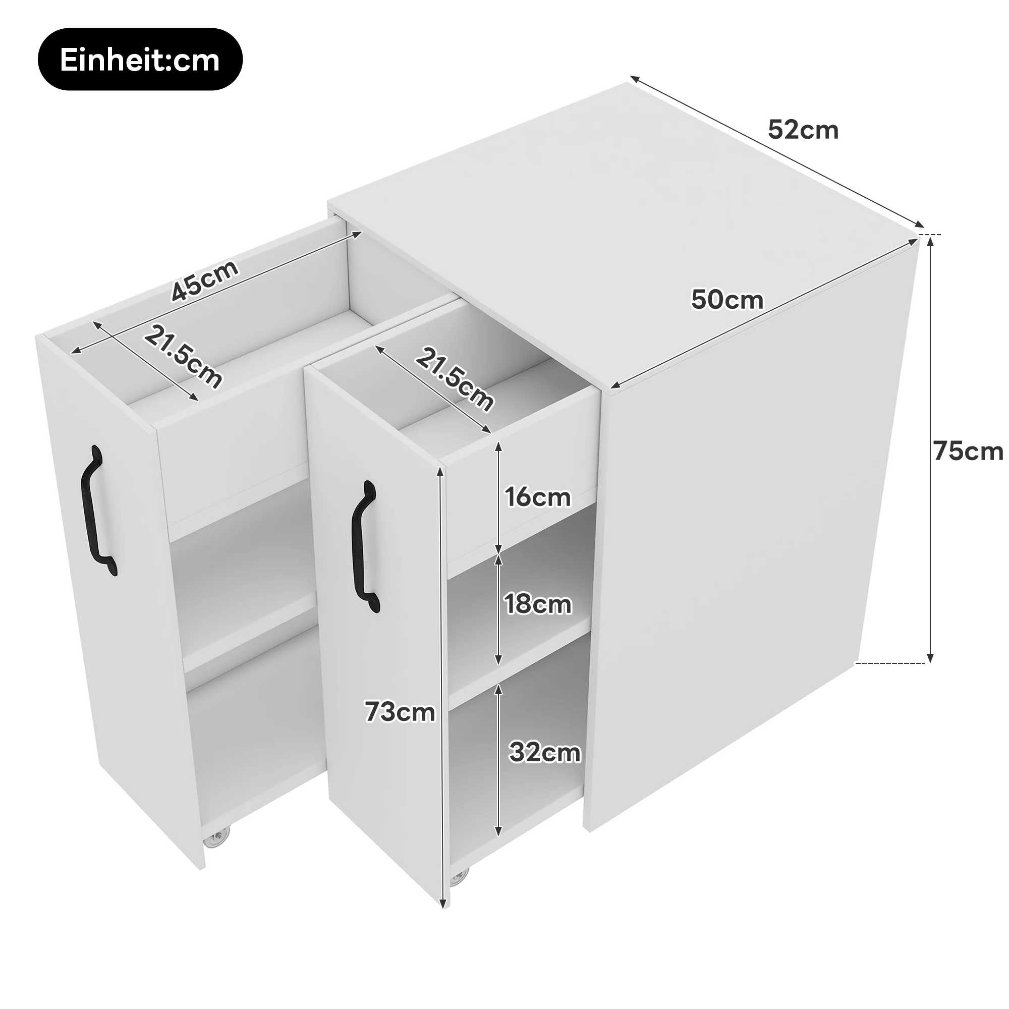 Small Bookcase with Wheels Extendable Reversible Shelves & Drawers - Image 4