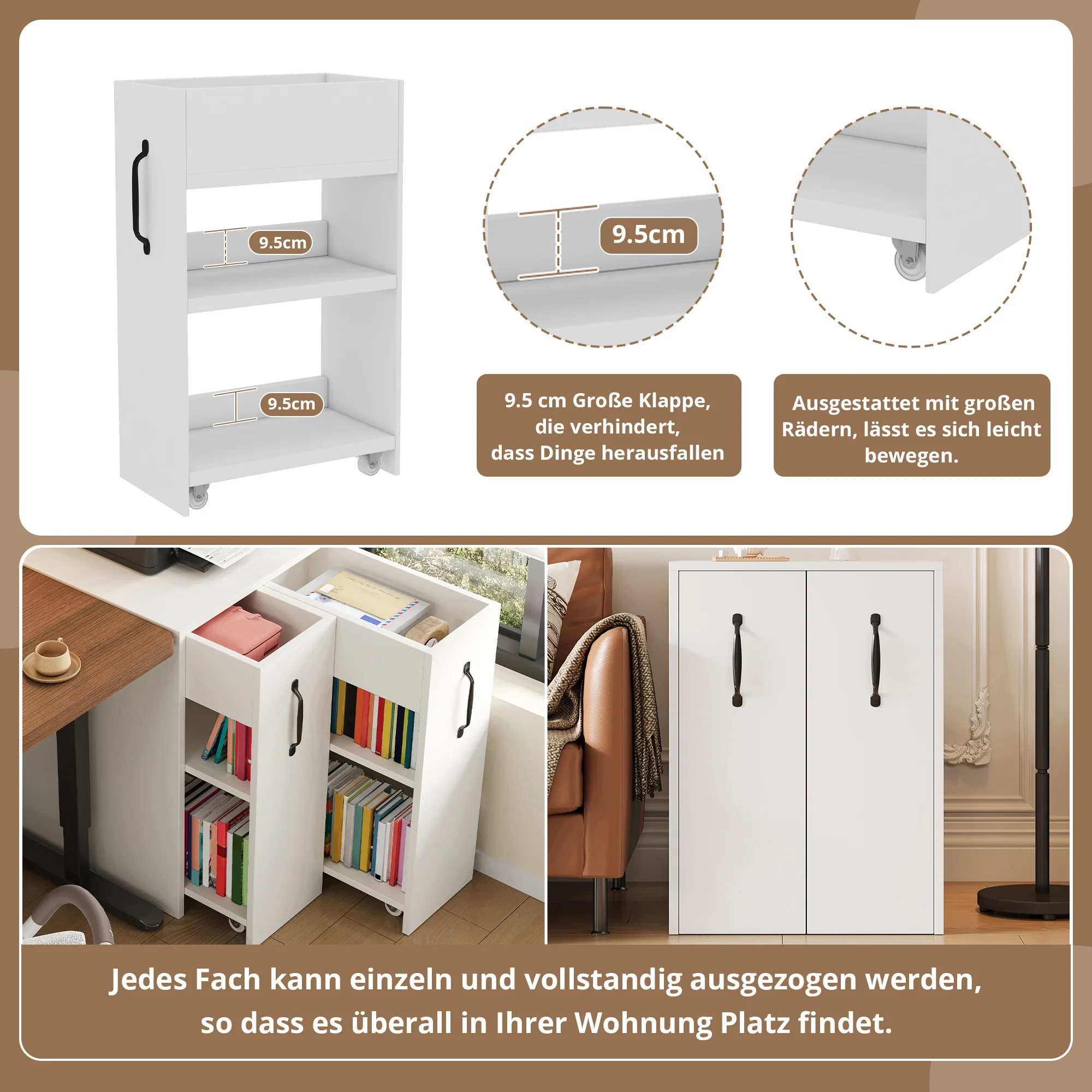 Small Bookcase with Wheels Extendable Reversible Shelves & Drawers - Image 6