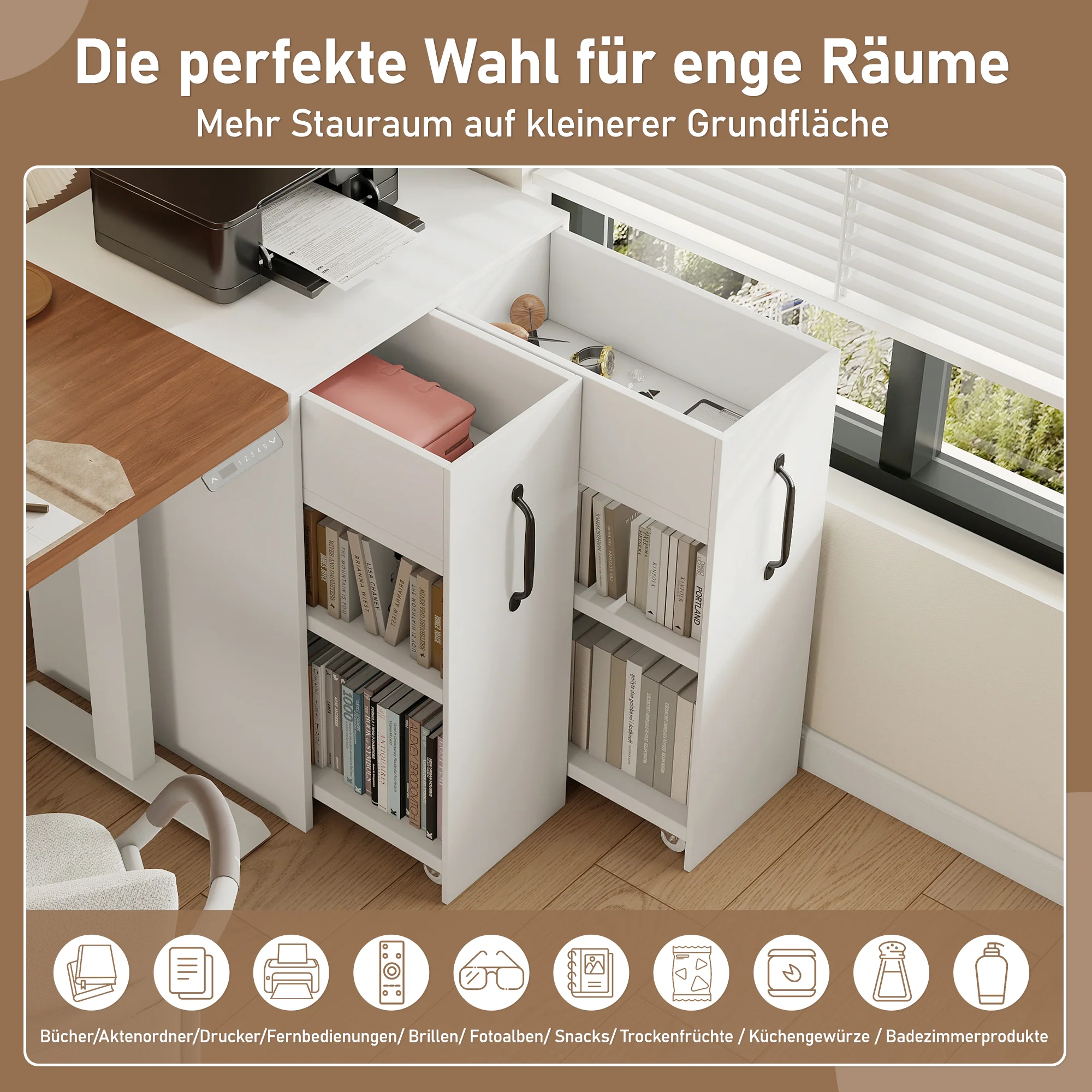 Small Bookcase with Wheels Extendable Reversible Shelves & Drawers - Image 7