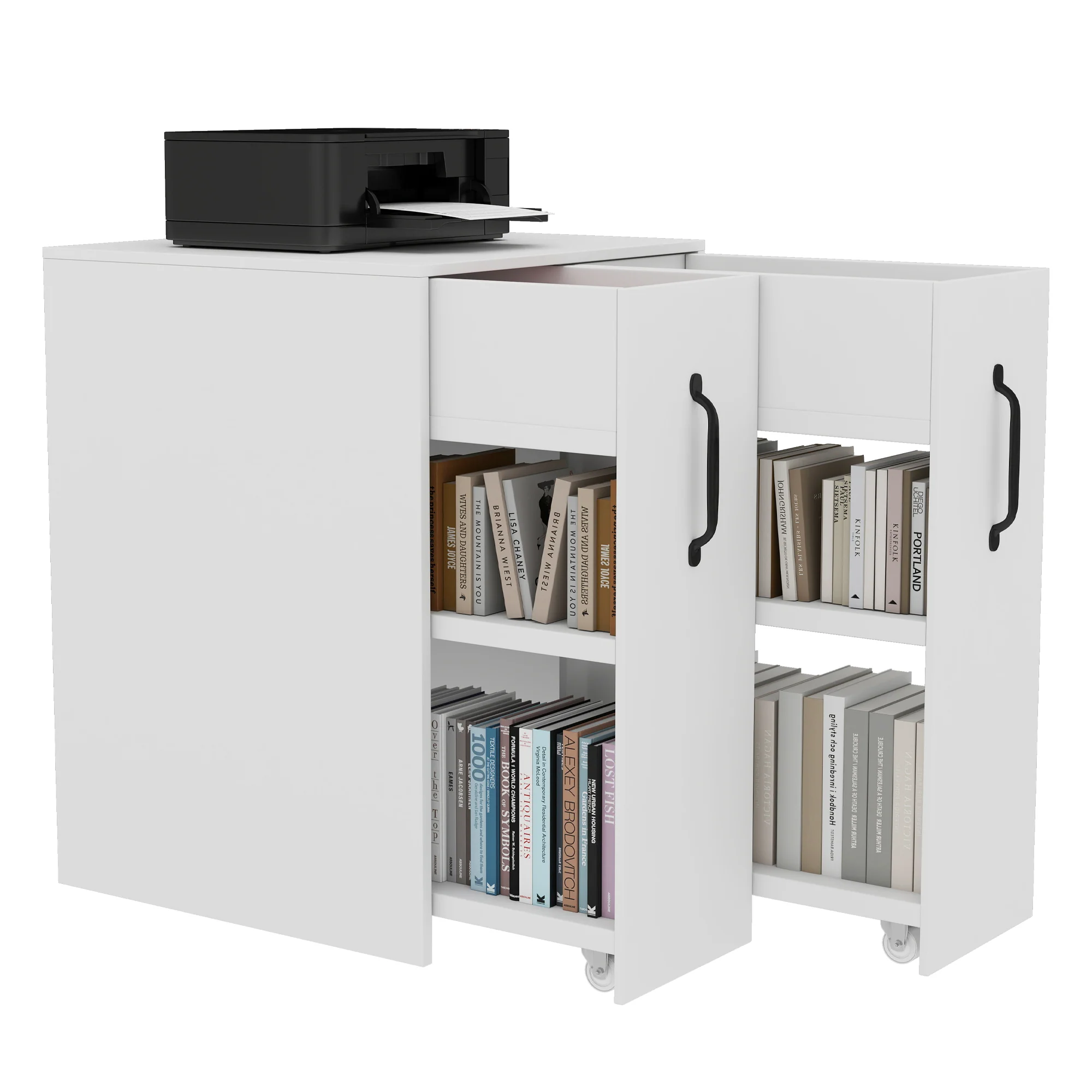 Small Bookcase with Wheels Extendable Reversible Shelves & Drawers - Image 9