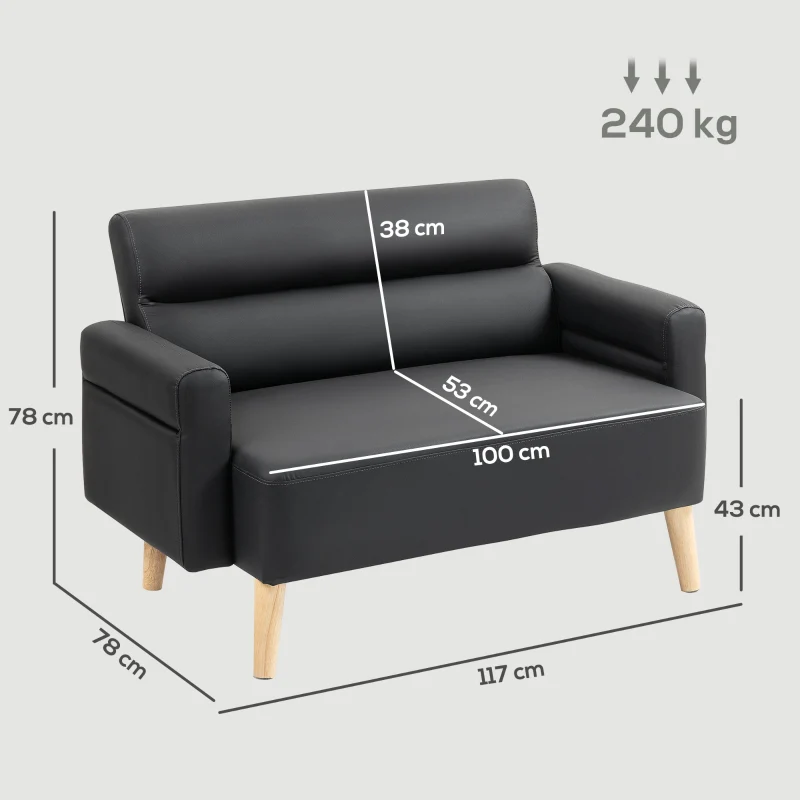 Small Sofa Settee 2 Seater Faux Leather Black - Image 2