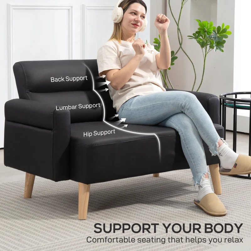 Small Sofa Settee 2 Seater Faux Leather Black - Image 4