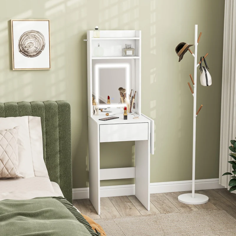 Small Vanity Desk with LED Lights, Drop Leaf, Shelves and Drawer, White