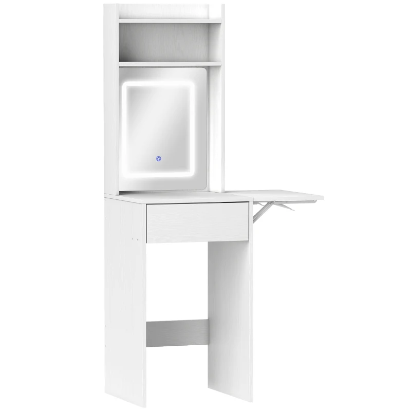 Small Vanity Desk with LED Lights, Drop Leaf, Shelves and Drawer, White - Image 2