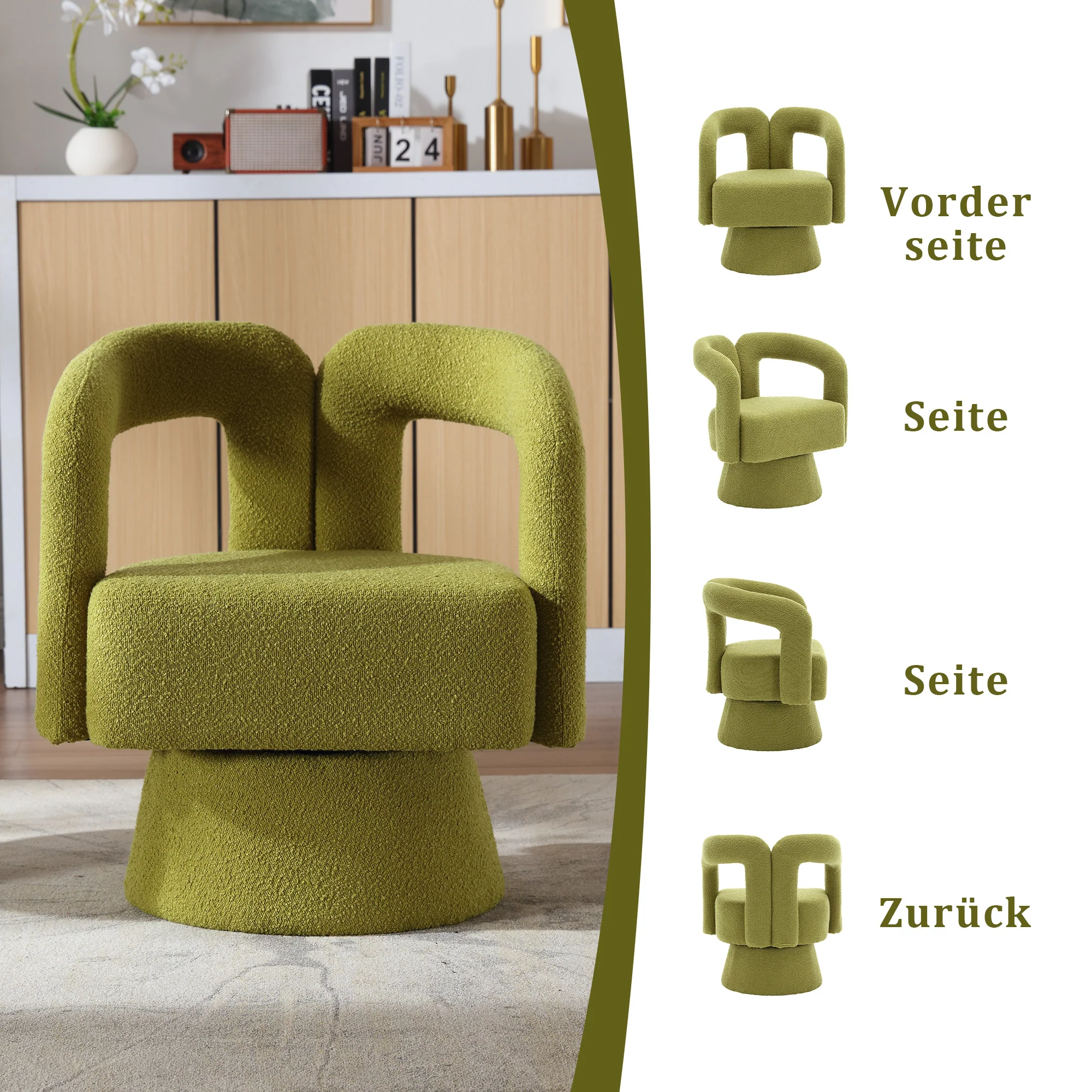 Snuggle Barrel Accent Chair, 360 Degree Rotating Round Armchair with Wide Cushions, Fluffy Fabric, Olive - Image 3
