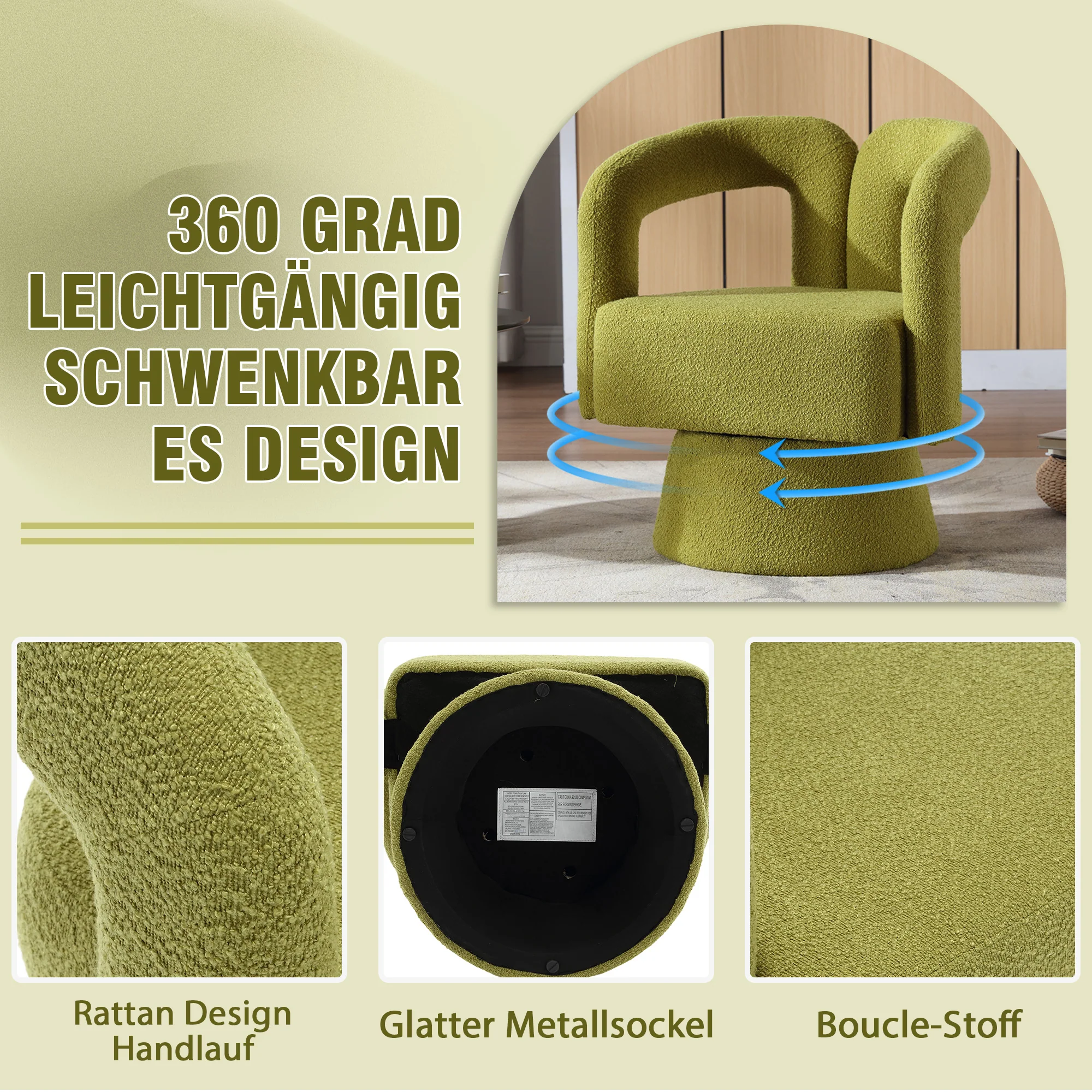 Snuggle Barrel Accent Chair, 360 Degree Rotating Round Armchair with Wide Cushions, Fluffy Fabric, Olive - Image 4
