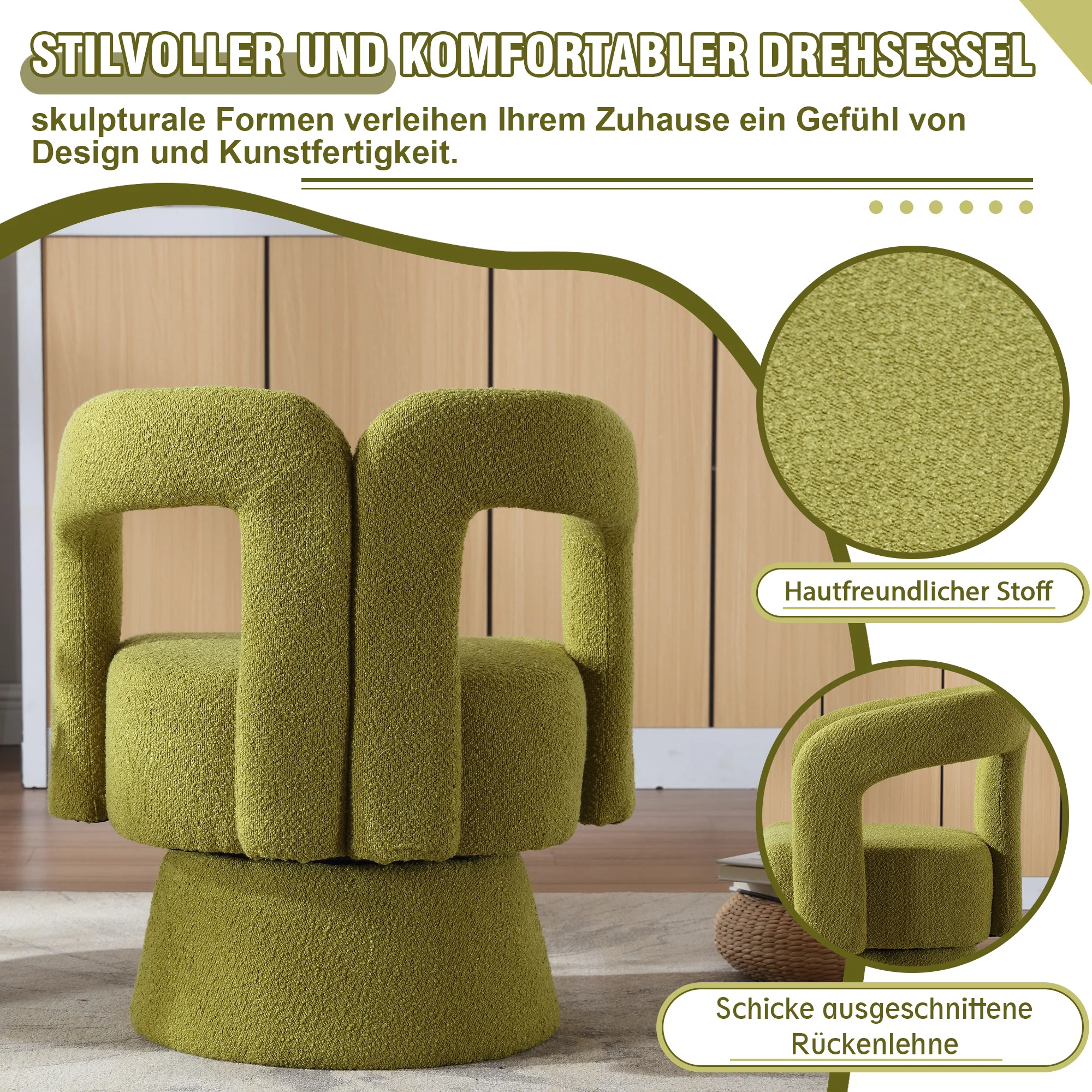 Snuggle Barrel Accent Chair, 360 Degree Rotating Round Armchair with Wide Cushions, Fluffy Fabric, Olive - Image 6