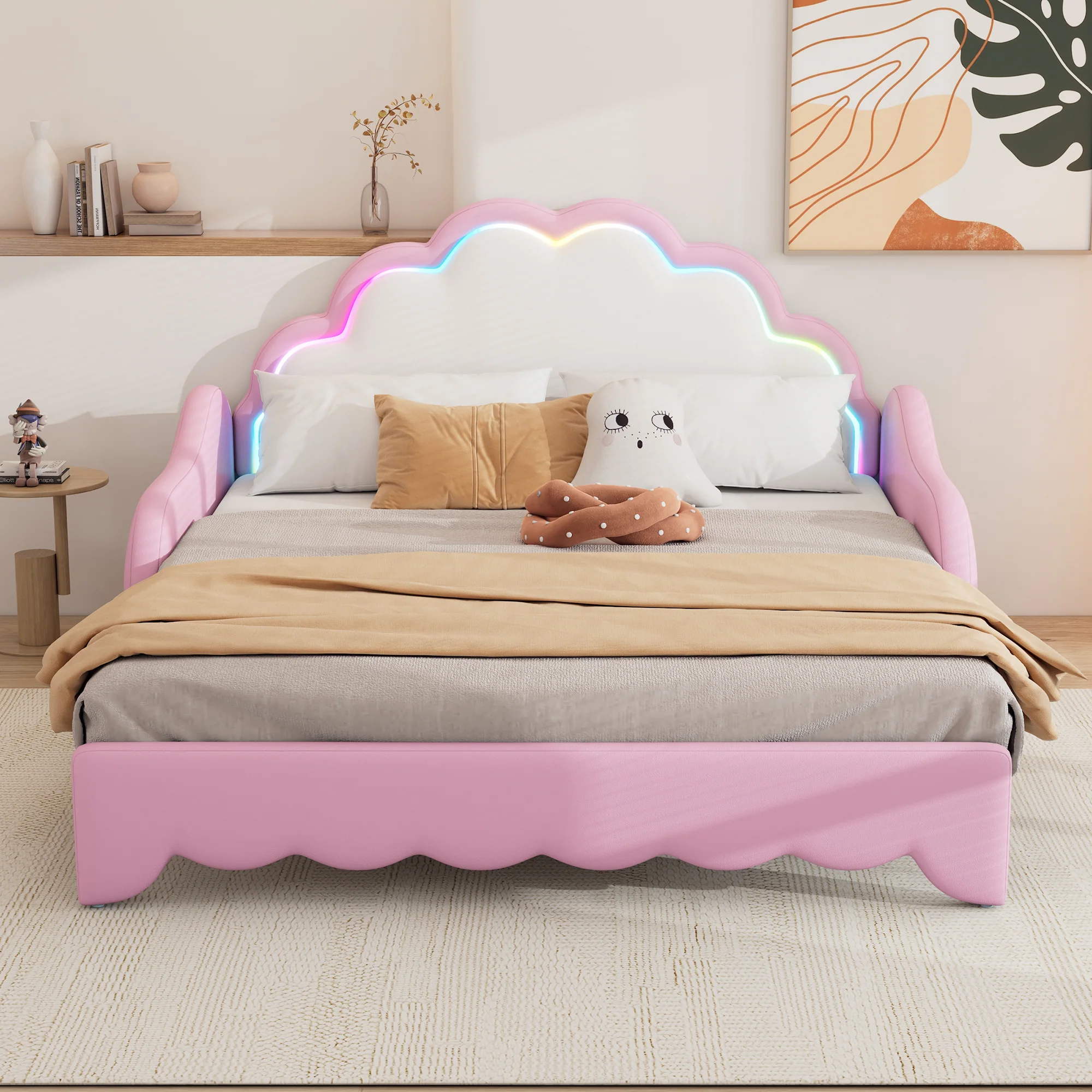 Sofa Bed 140x200cm Convertible Chasing Light Headboard - Pink - Image 2