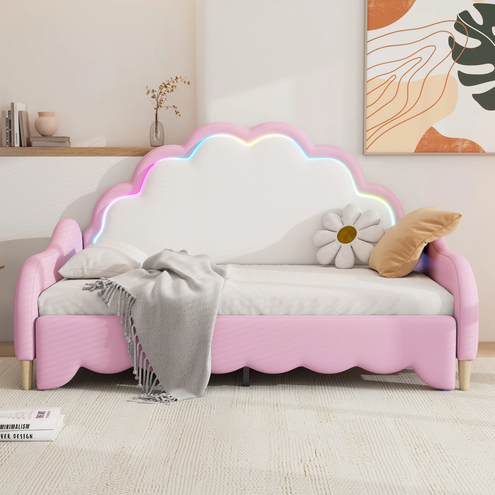 Sofa Bed 140x200cm Convertible Chasing Light Headboard - Pink - Image 3