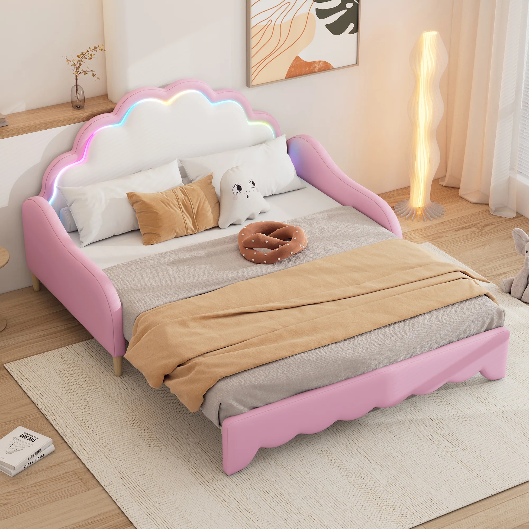 Sofa Bed 140x200cm Convertible Chasing Light Headboard - Pink - Image 4