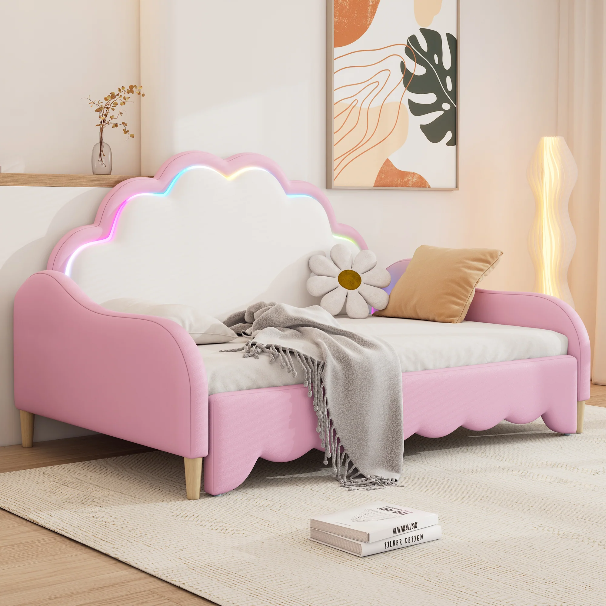 Sofa Bed 140x200cm Convertible Chasing Light Headboard - Pink - Image 5