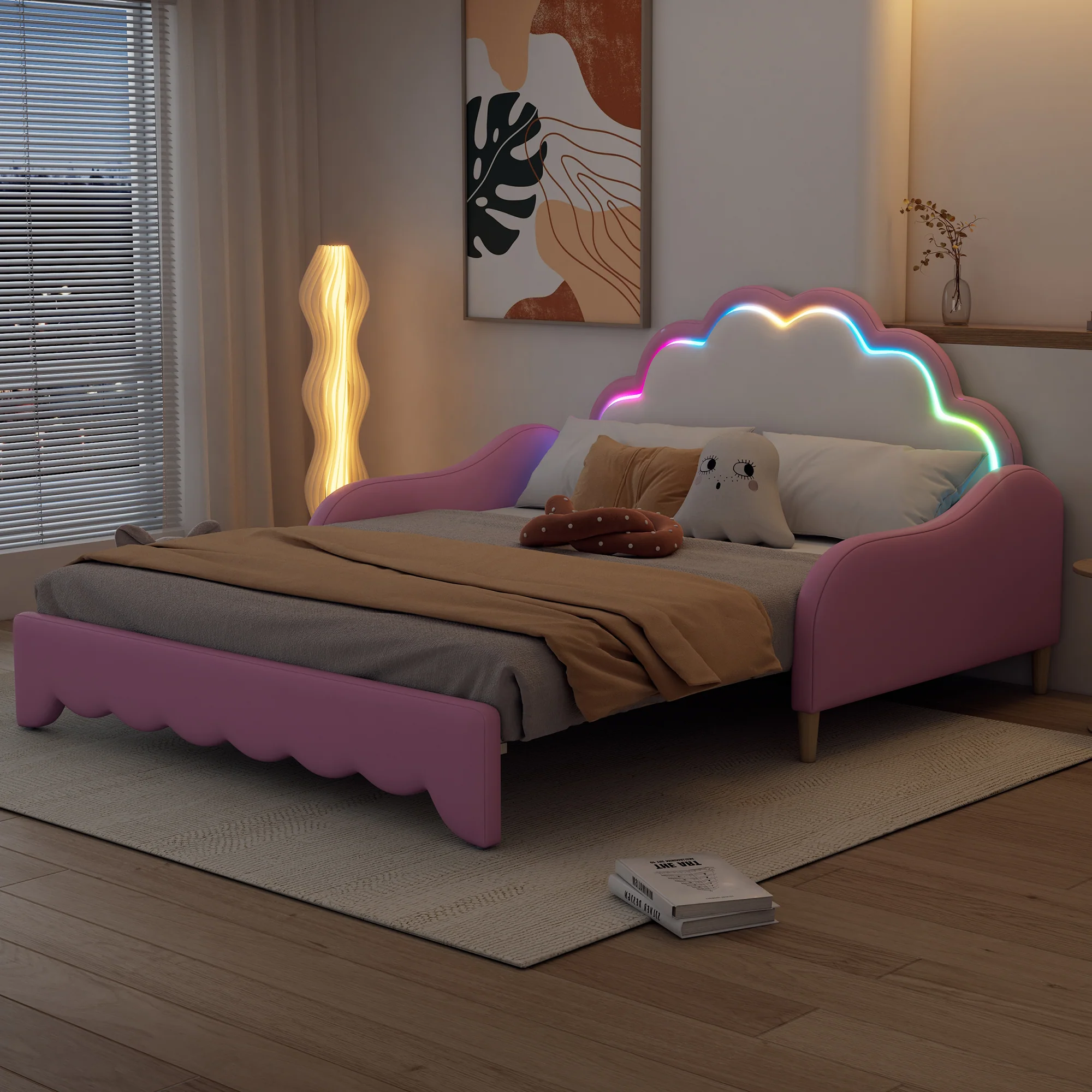 Sofa Bed 140x200cm Convertible Chasing Light Headboard - Pink - Image 6