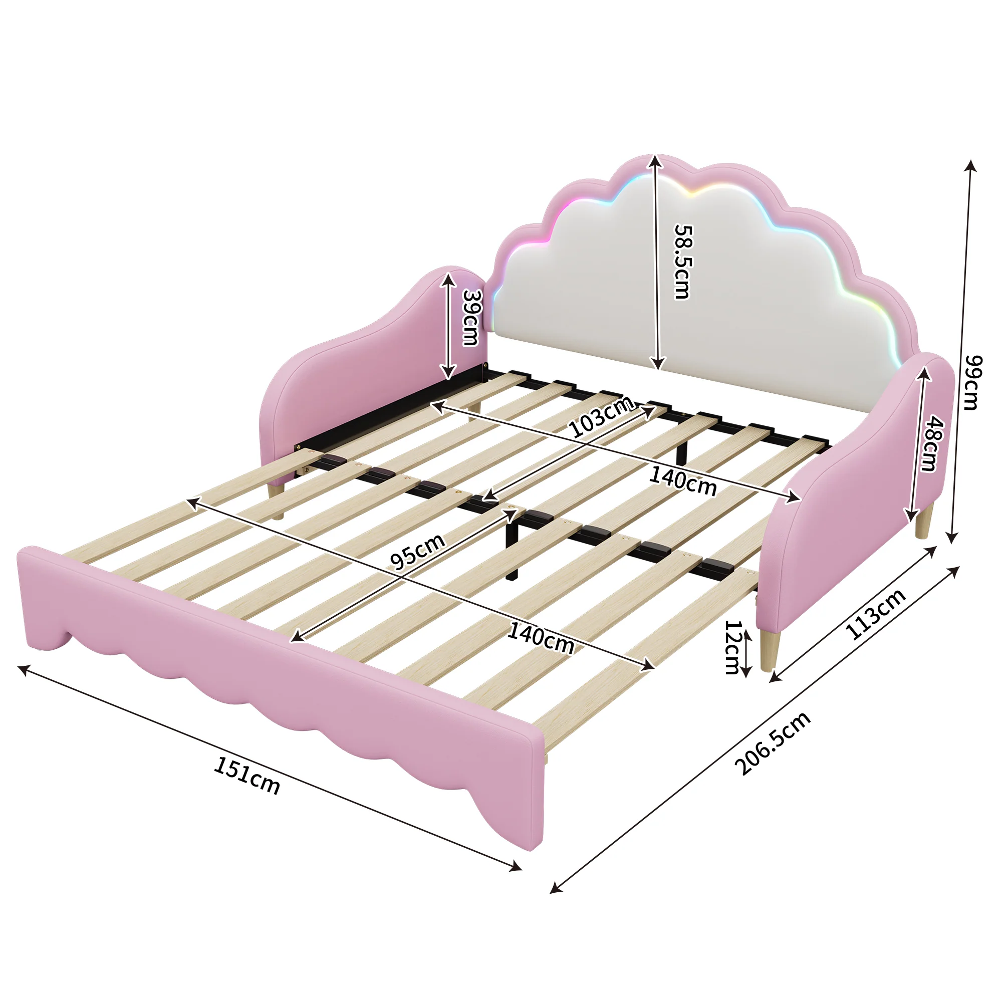 Sofa Bed 140x200cm Convertible Chasing Light Headboard - Pink - Image 8