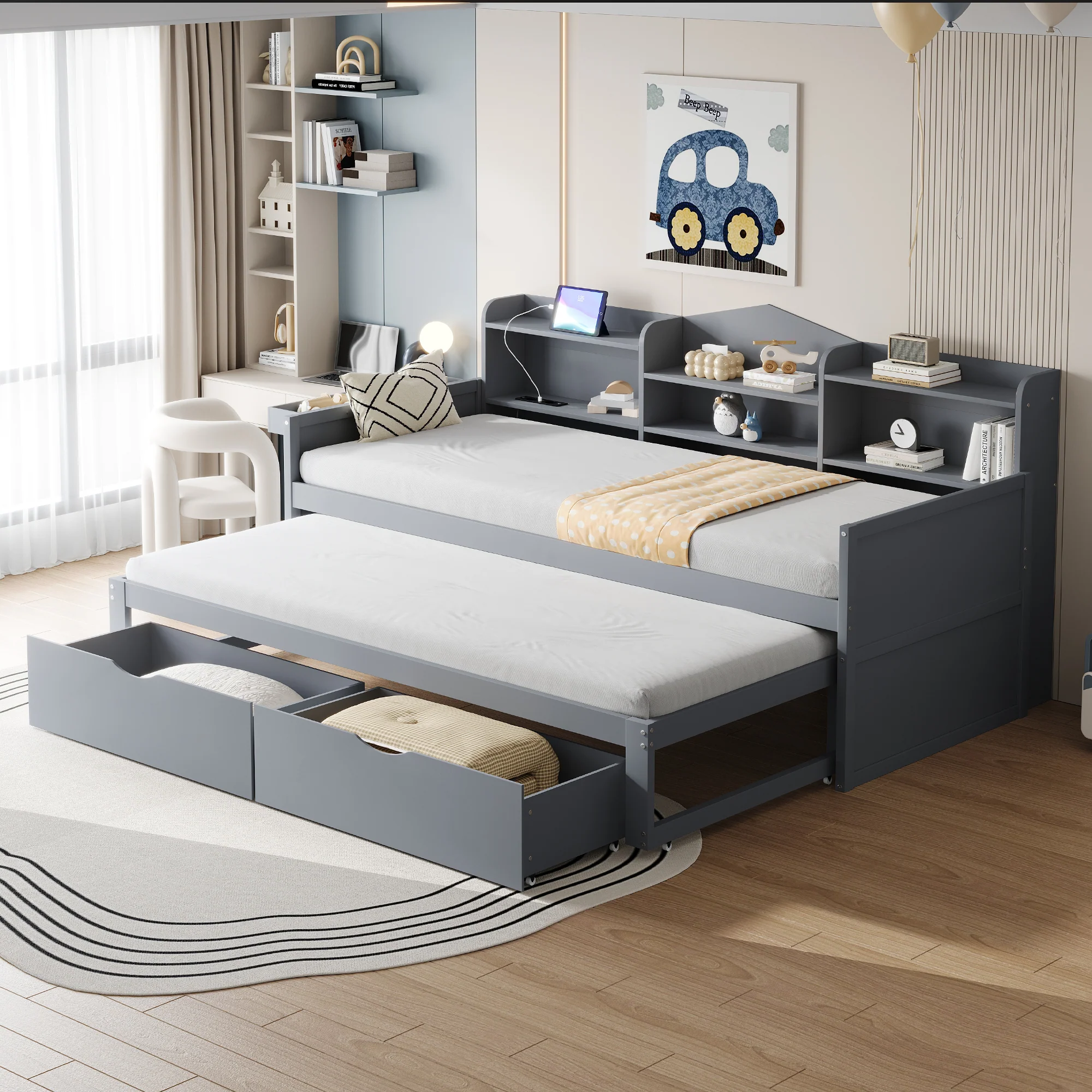 Sofa bed 90*200 with Pull-Out Bed, Drawers & USB Socket, Wood, Gray