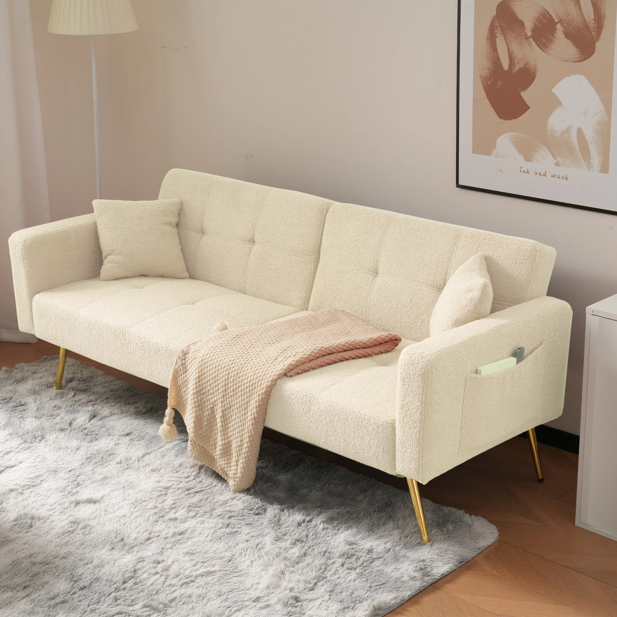 Sofa Bed Adjustable Angle Gold Legs with Cushions & Storage Pockets