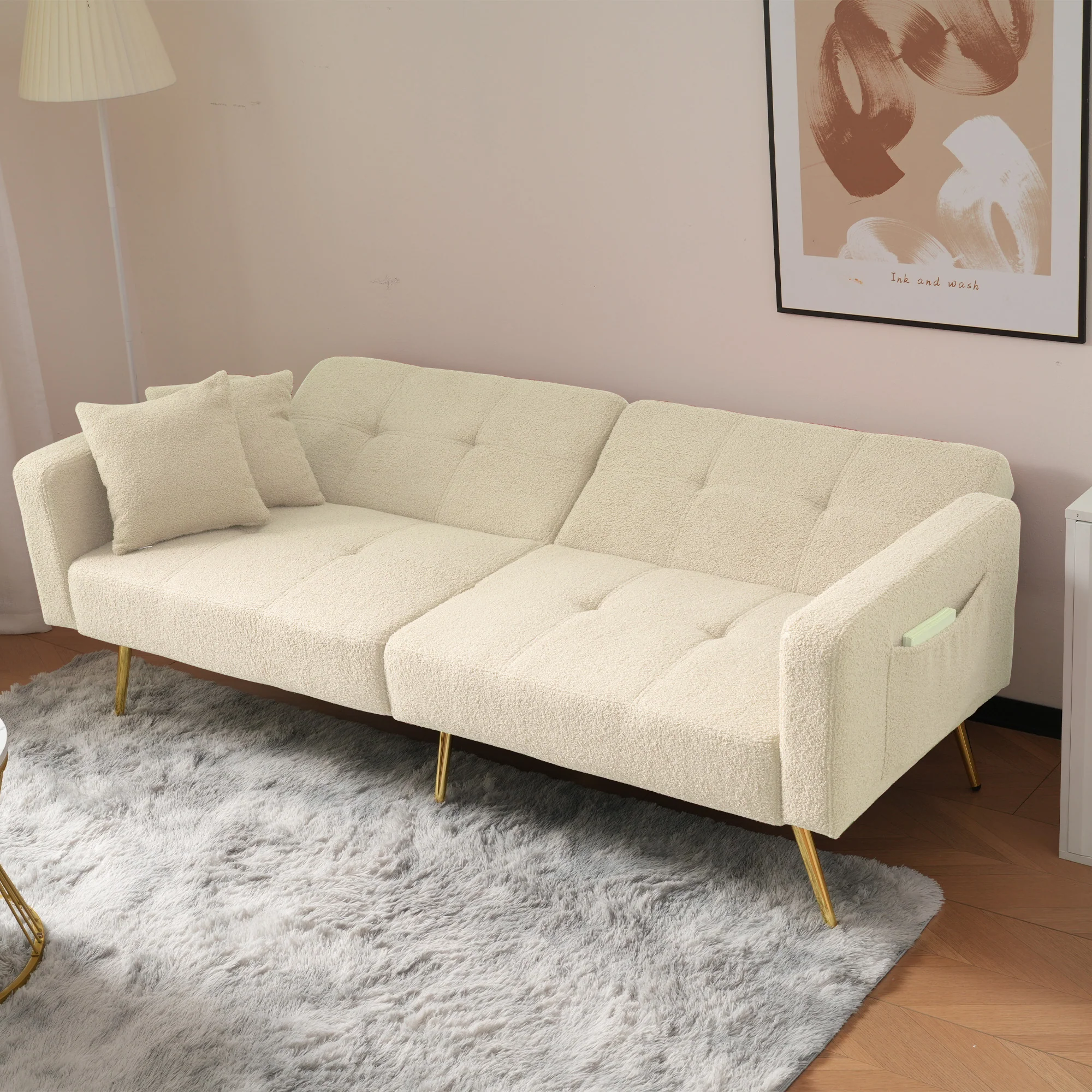 Sofa Bed Adjustable Angle Gold Legs with Cushions & Storage Pockets - Image 10