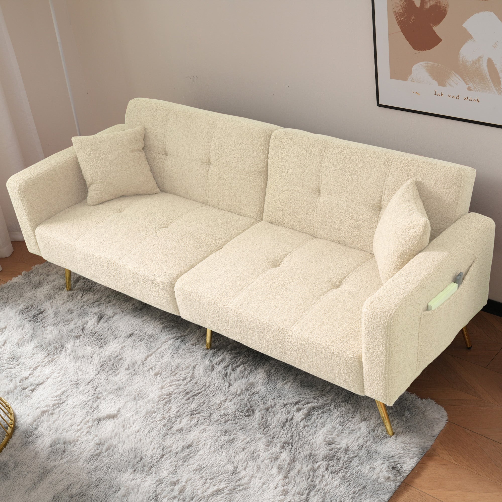 Sofa Bed Adjustable Angle Gold Legs with Cushions & Storage Pockets - Image 3