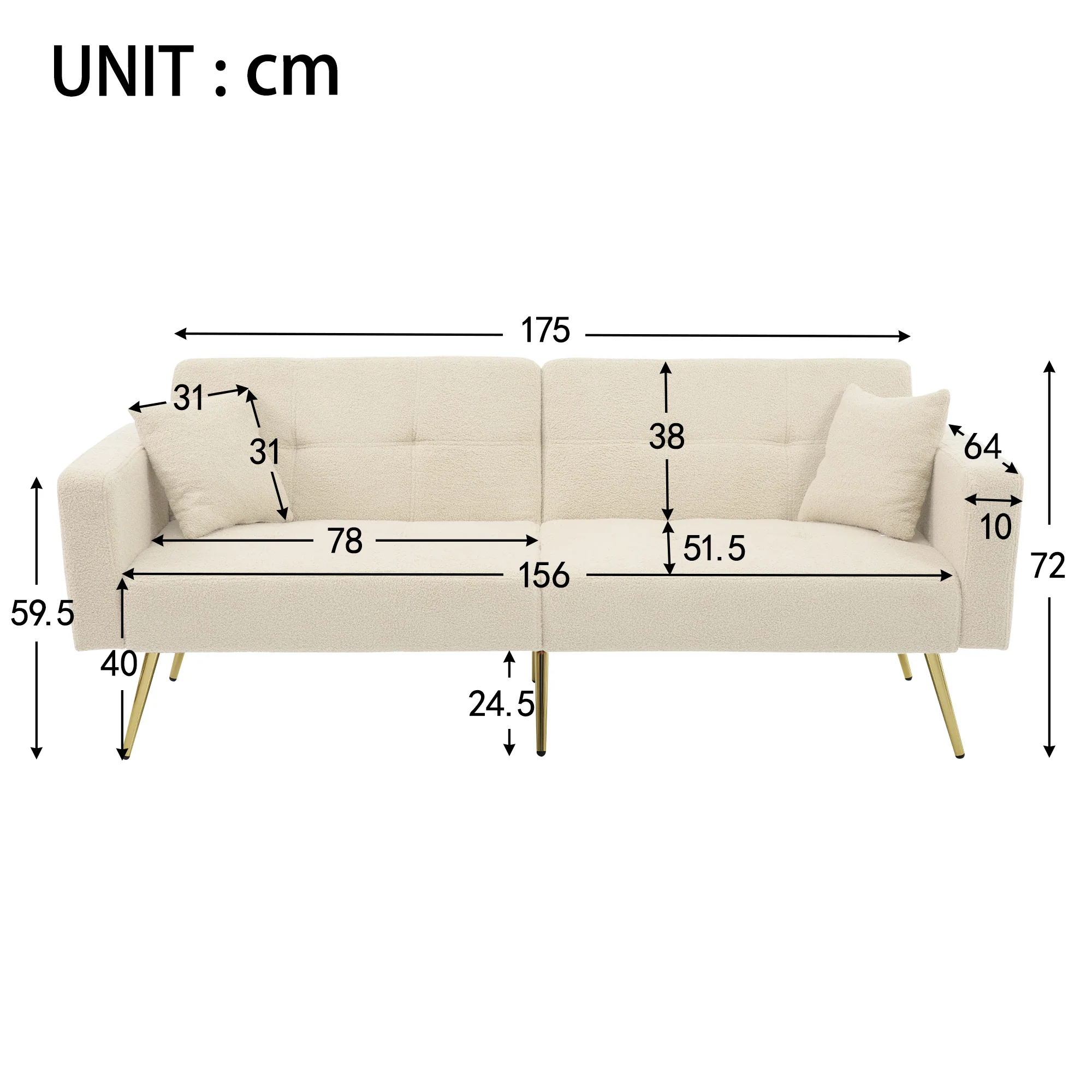 Sofa Bed Adjustable Angle Gold Legs with Cushions & Storage Pockets - Image 5
