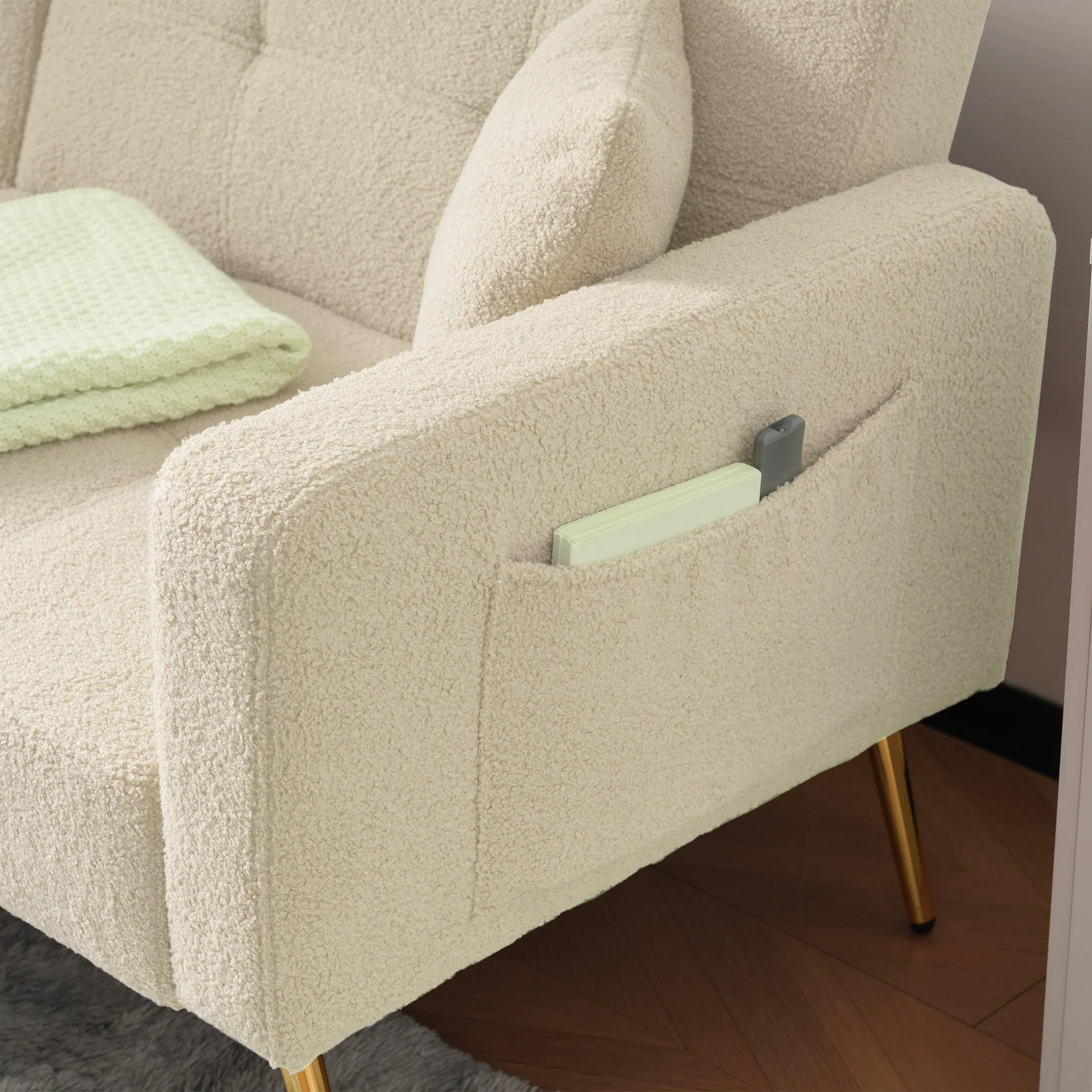 Sofa Bed Adjustable Angle Gold Legs with Cushions & Storage Pockets - Image 6