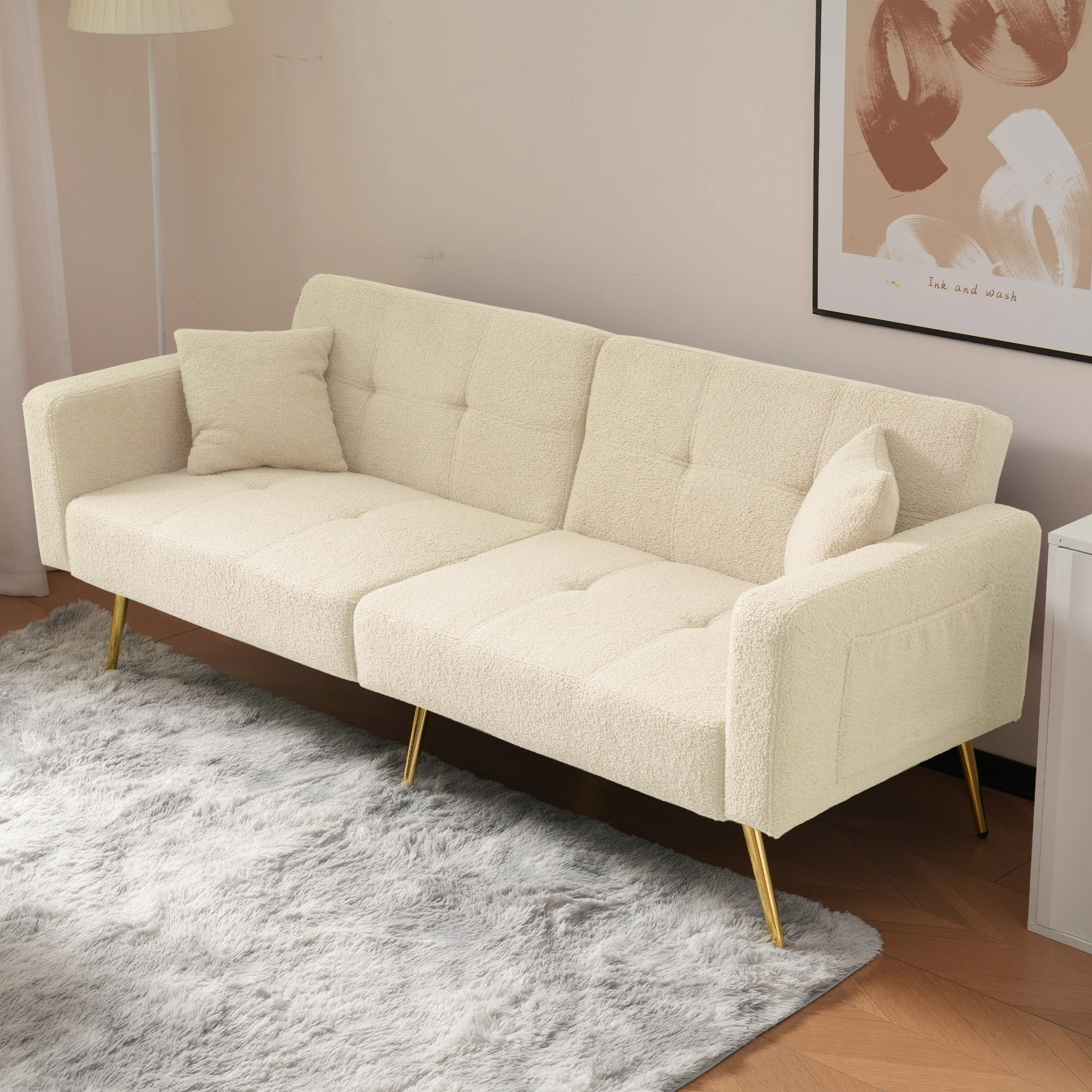 Sofa Bed Adjustable Angle Gold Legs with Cushions & Storage Pockets - Image 8