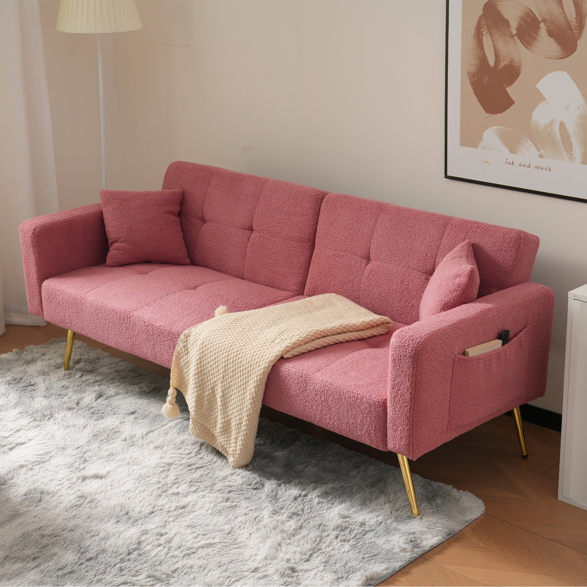 Sofa Bed, Adjustable Backrest, Gold Legs & Storage Pockets - Image 3