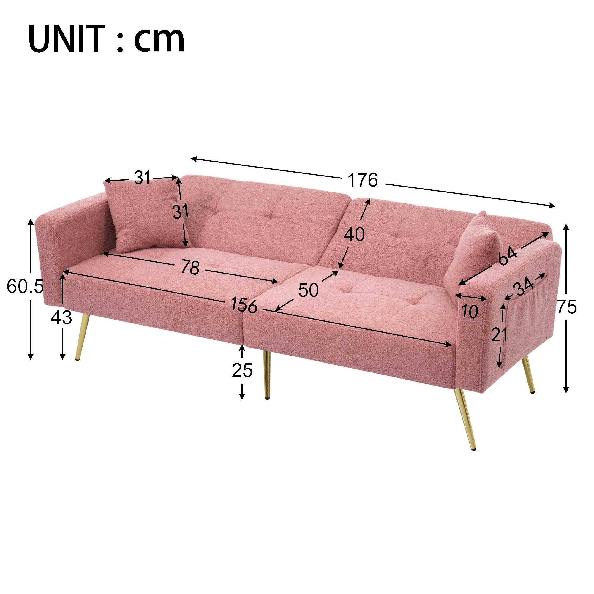 Sofa Bed, Adjustable Backrest, Gold Legs & Storage Pockets - Image 4