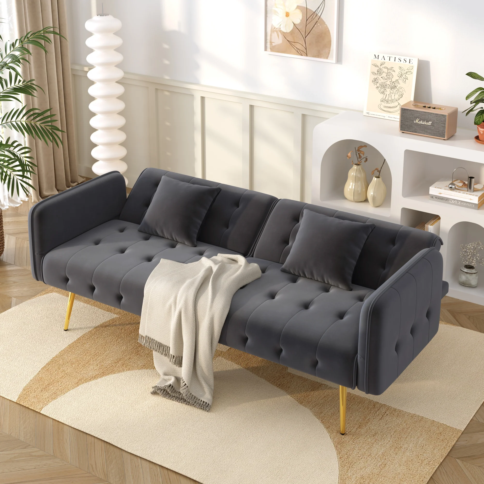 Sofa Bed, Two-Seater Multifunctional with Adjustable Backrest & Armrests, Velour - Image 2