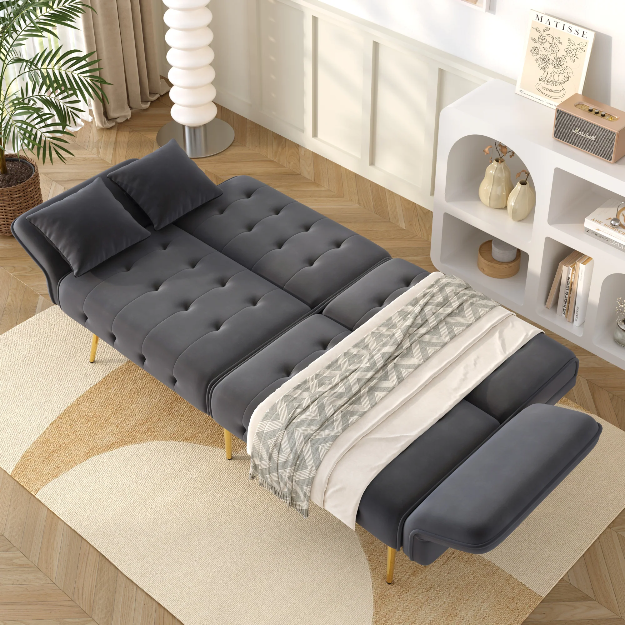 Sofa Bed, Two-Seater Multifunctional with Adjustable Backrest & Armrests, Velour - Image 3