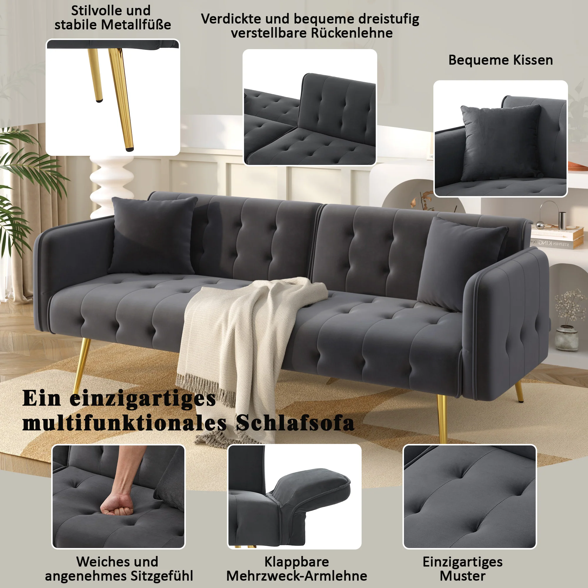 Sofa Bed, Two-Seater Multifunctional with Adjustable Backrest & Armrests, Velour - Image 4
