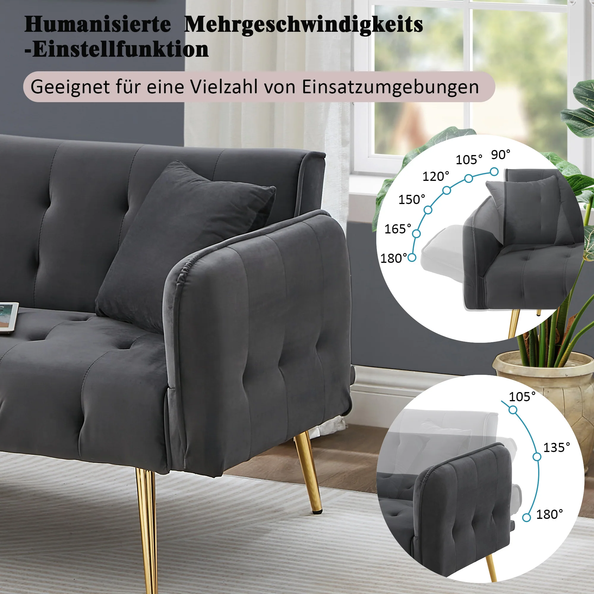 Sofa Bed, Two-Seater Multifunctional with Adjustable Backrest & Armrests, Velour - Image 5