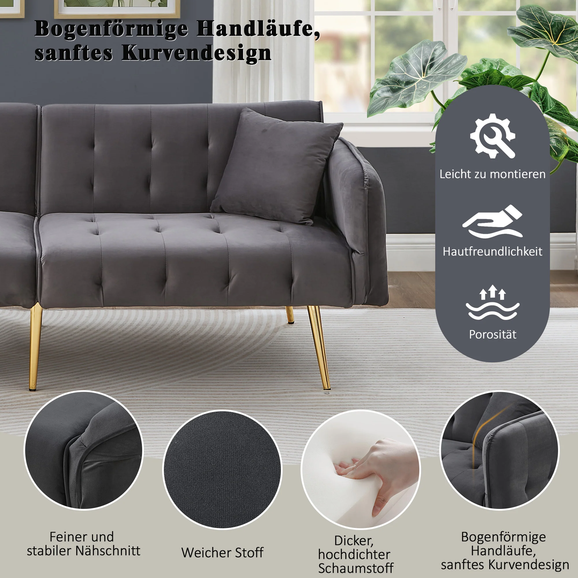 Sofa Bed, Two-Seater Multifunctional with Adjustable Backrest & Armrests, Velour - Image 6