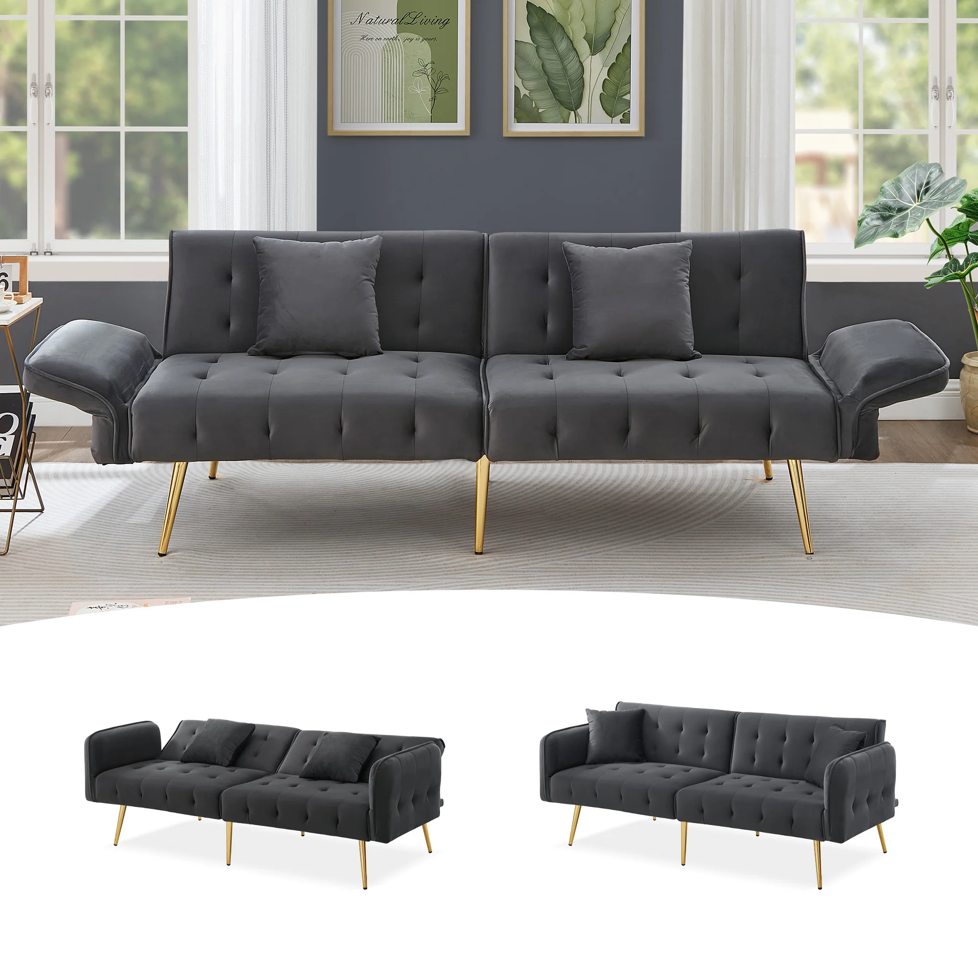 Sofa Bed, Two-Seater Multifunctional with Adjustable Backrest & Armrests, Velour - Image 7