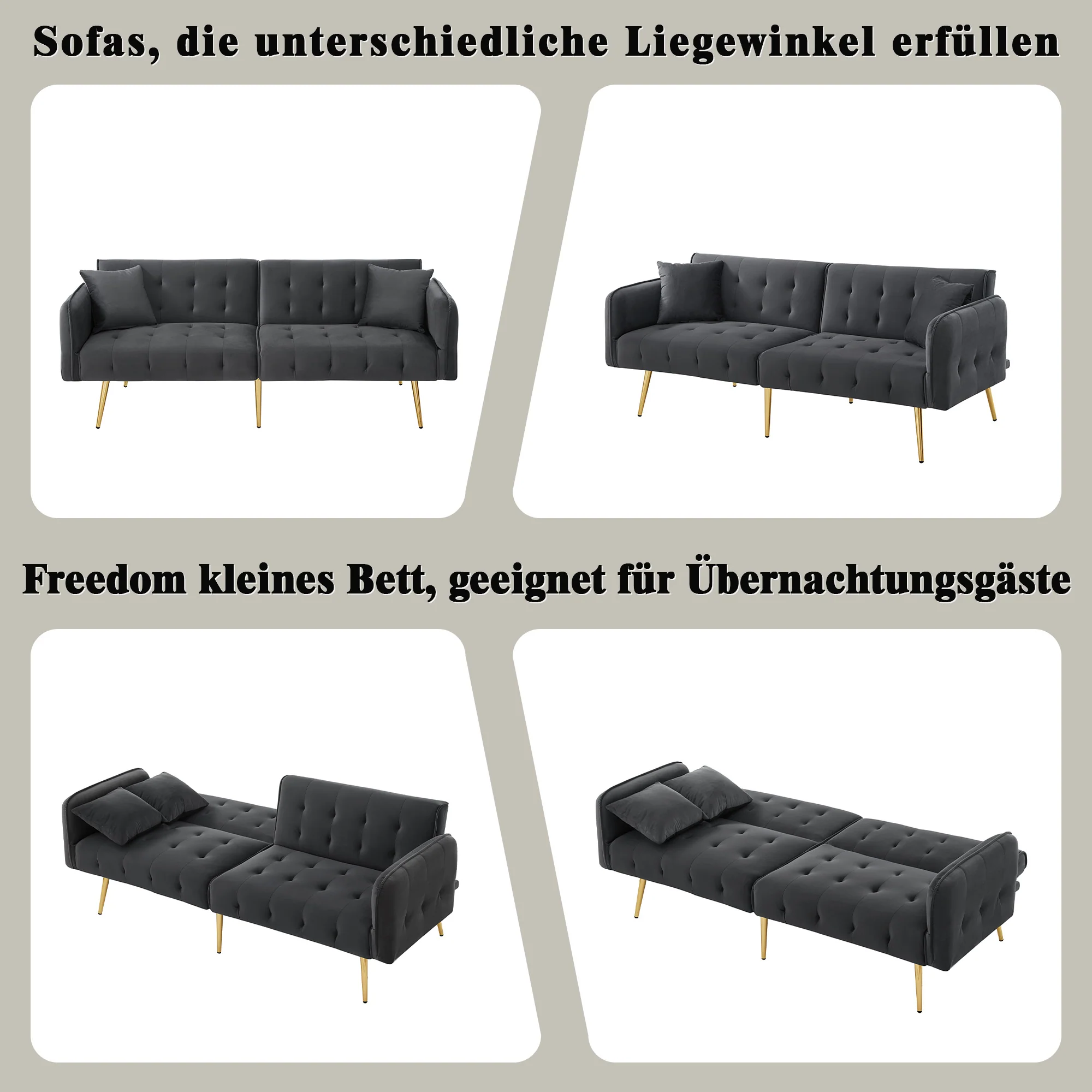 Sofa Bed, Two-Seater Multifunctional with Adjustable Backrest & Armrests, Velour - Image 8