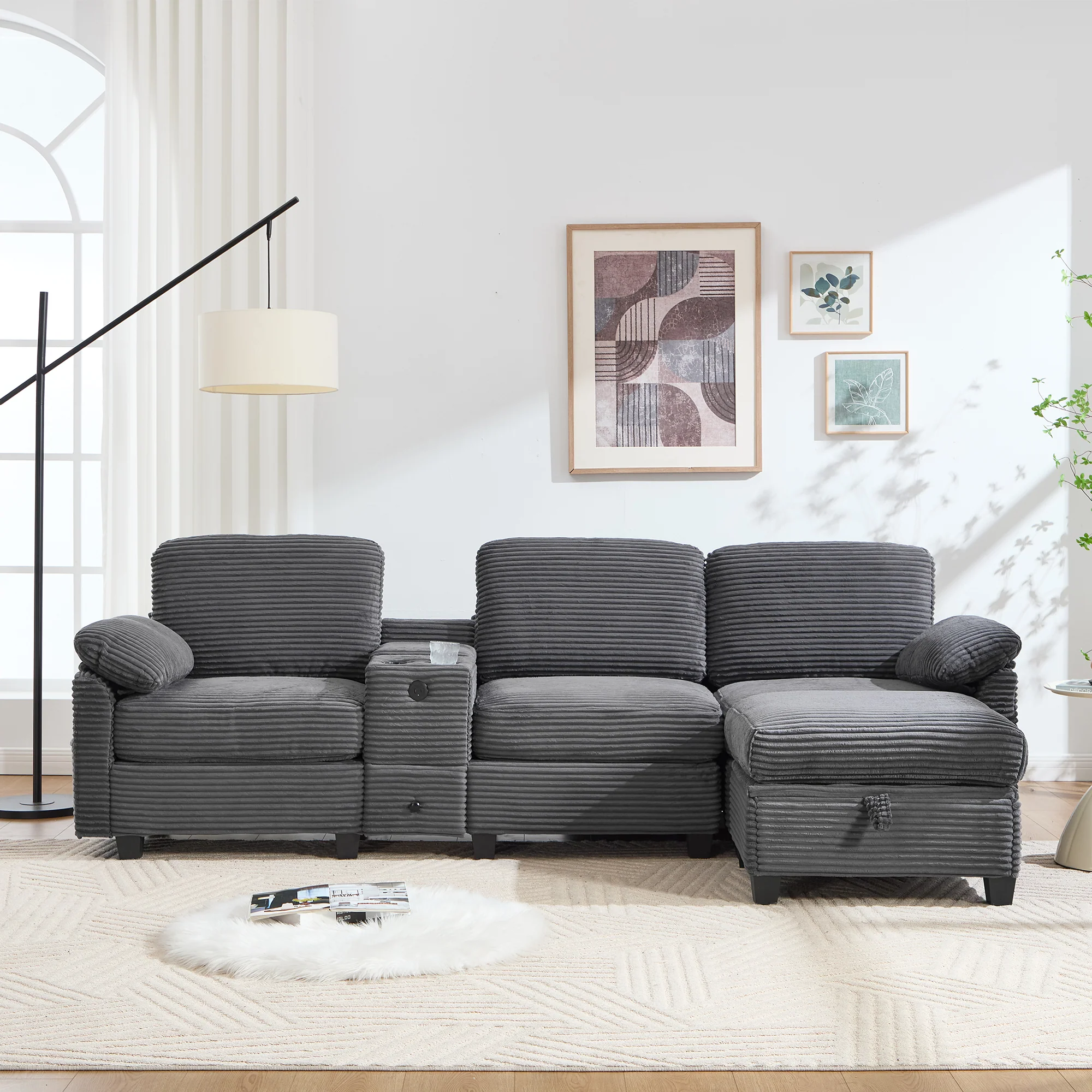 Sofa - Comfort Foam, Removable Console, USB-C, Storage Ottoman - Corduroy - Image 10