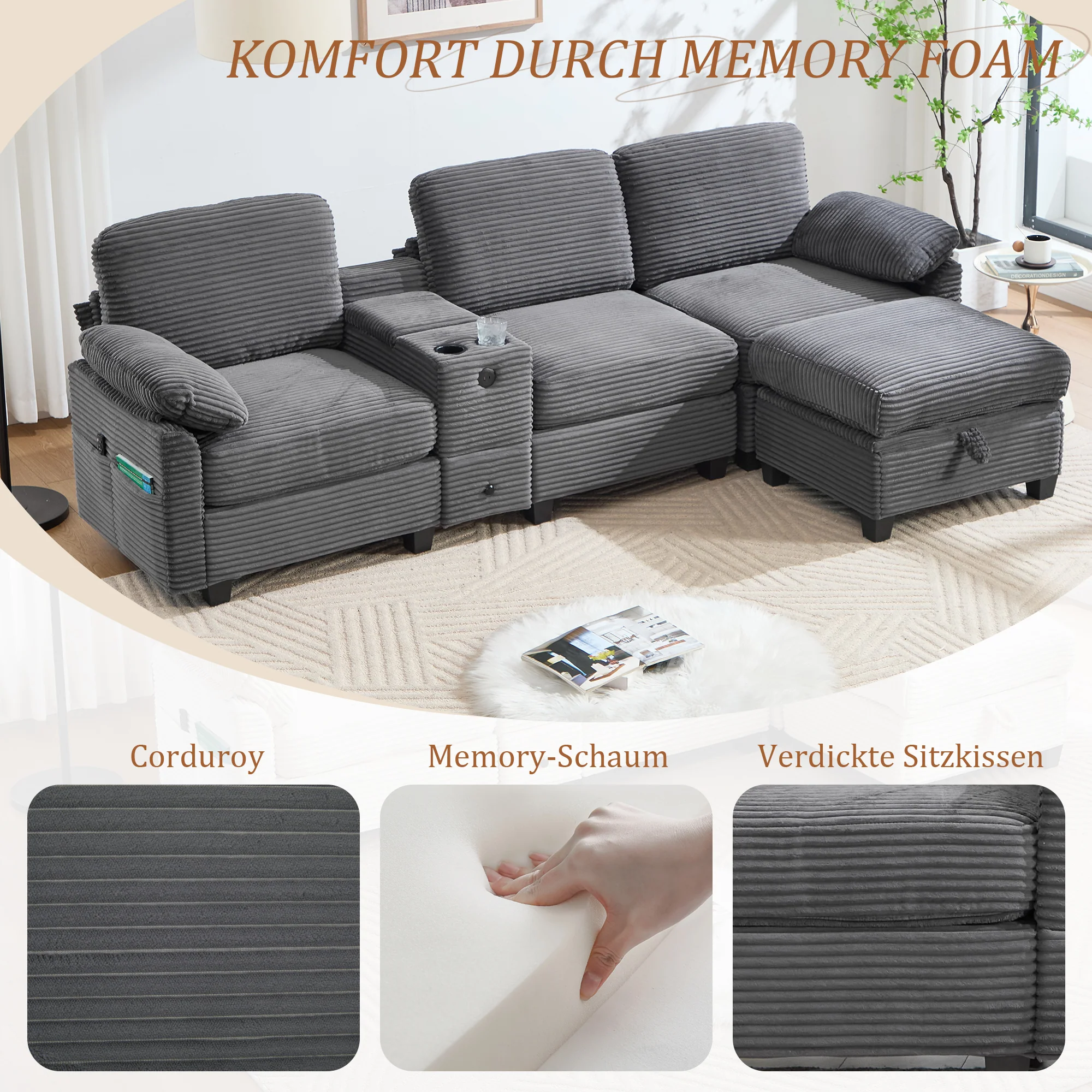 Sofa - Comfort Foam, Removable Console, USB-C, Storage Ottoman - Corduroy - Image 6
