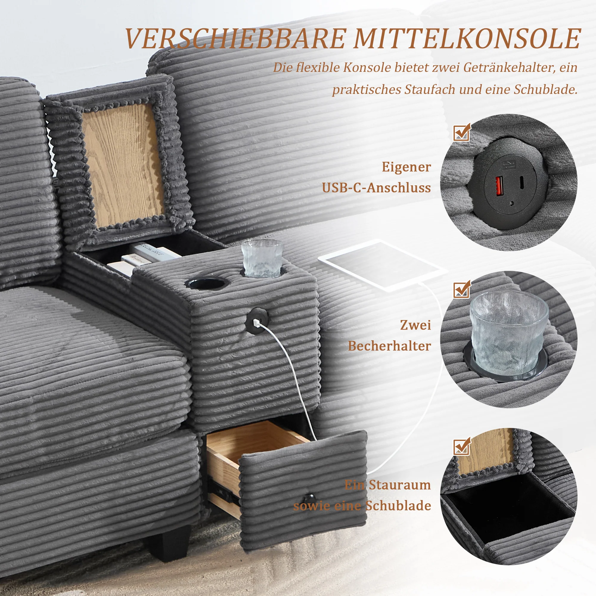 Sofa - Comfort Foam, Removable Console, USB-C, Storage Ottoman - Corduroy - Image 8