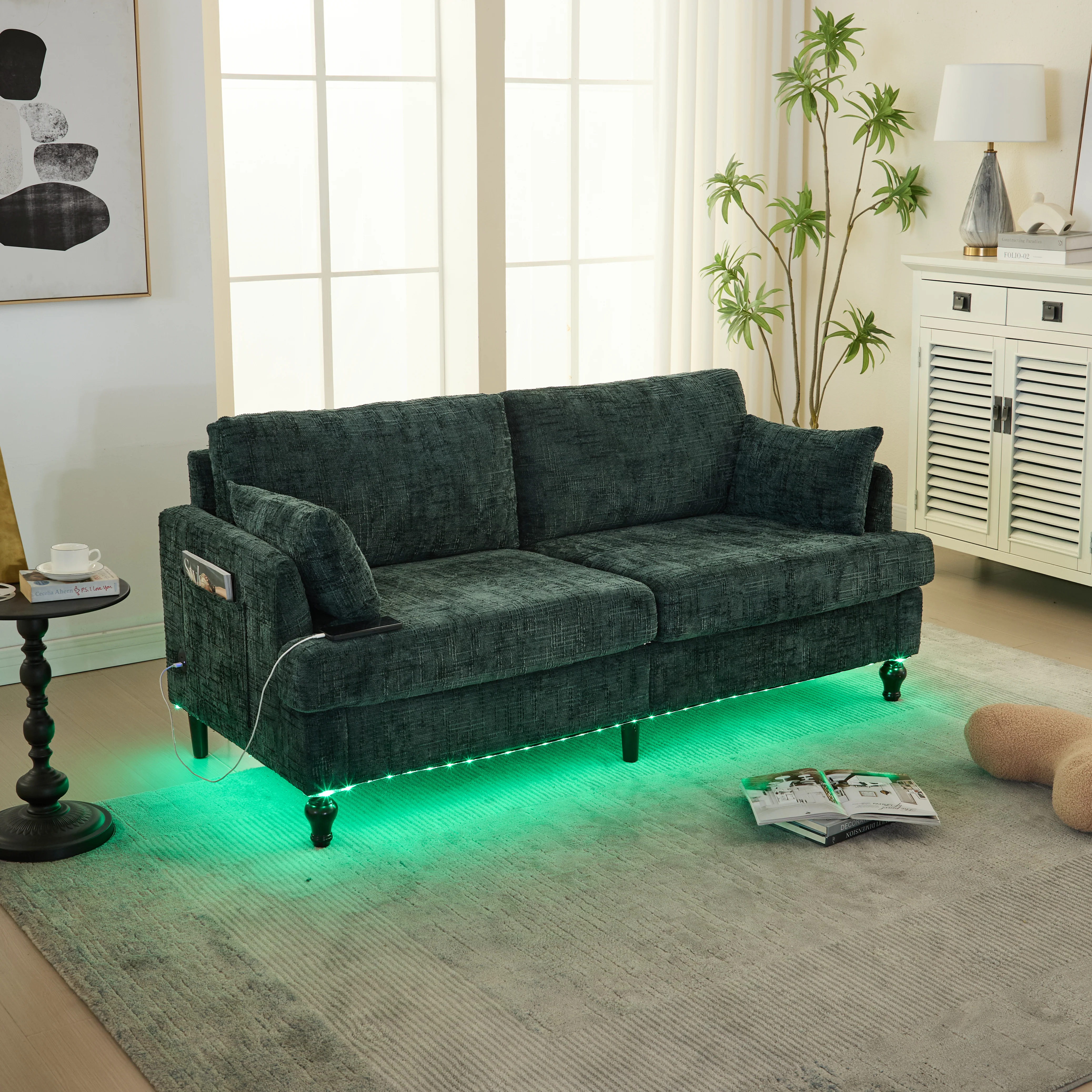 Sofa, Modern 2-Seater with LED Light, USB Port, Storage Bag, Chenille - Image 10