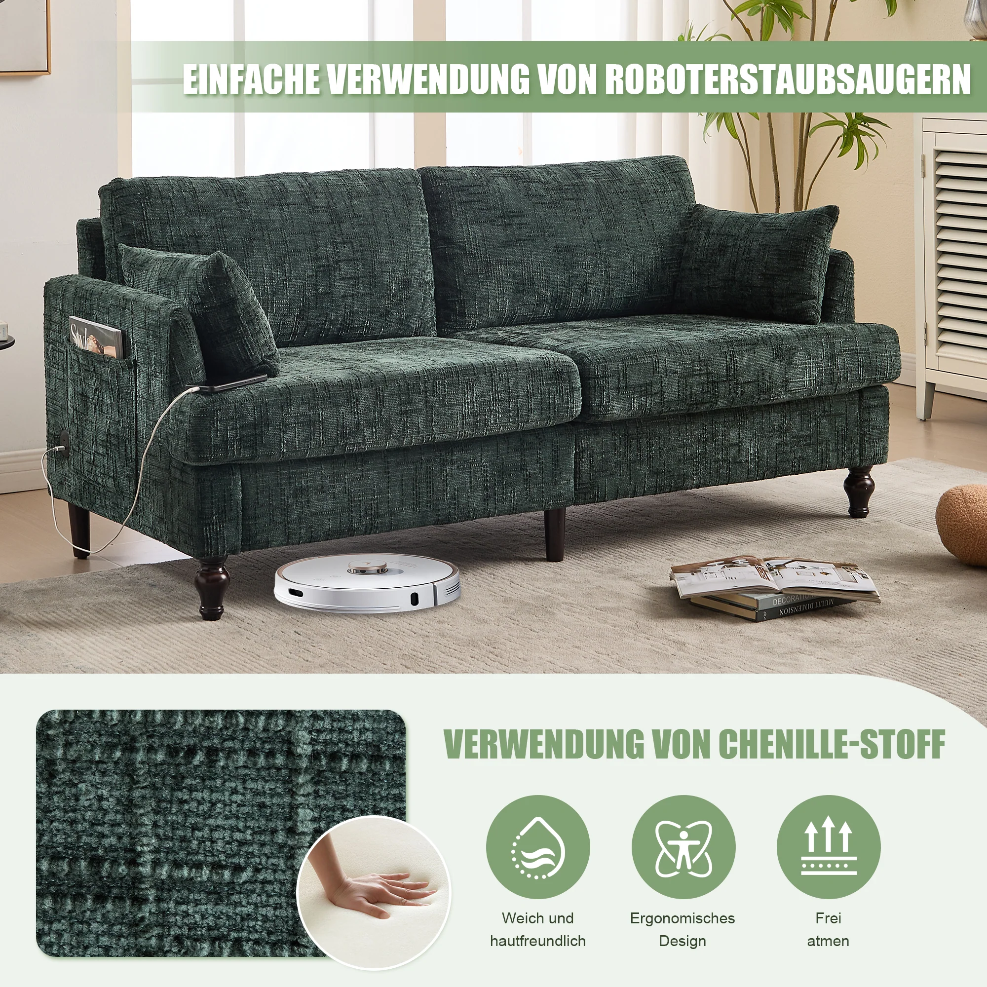 Sofa, Modern 2-Seater with LED Light, USB Port, Storage Bag, Chenille - Image 2