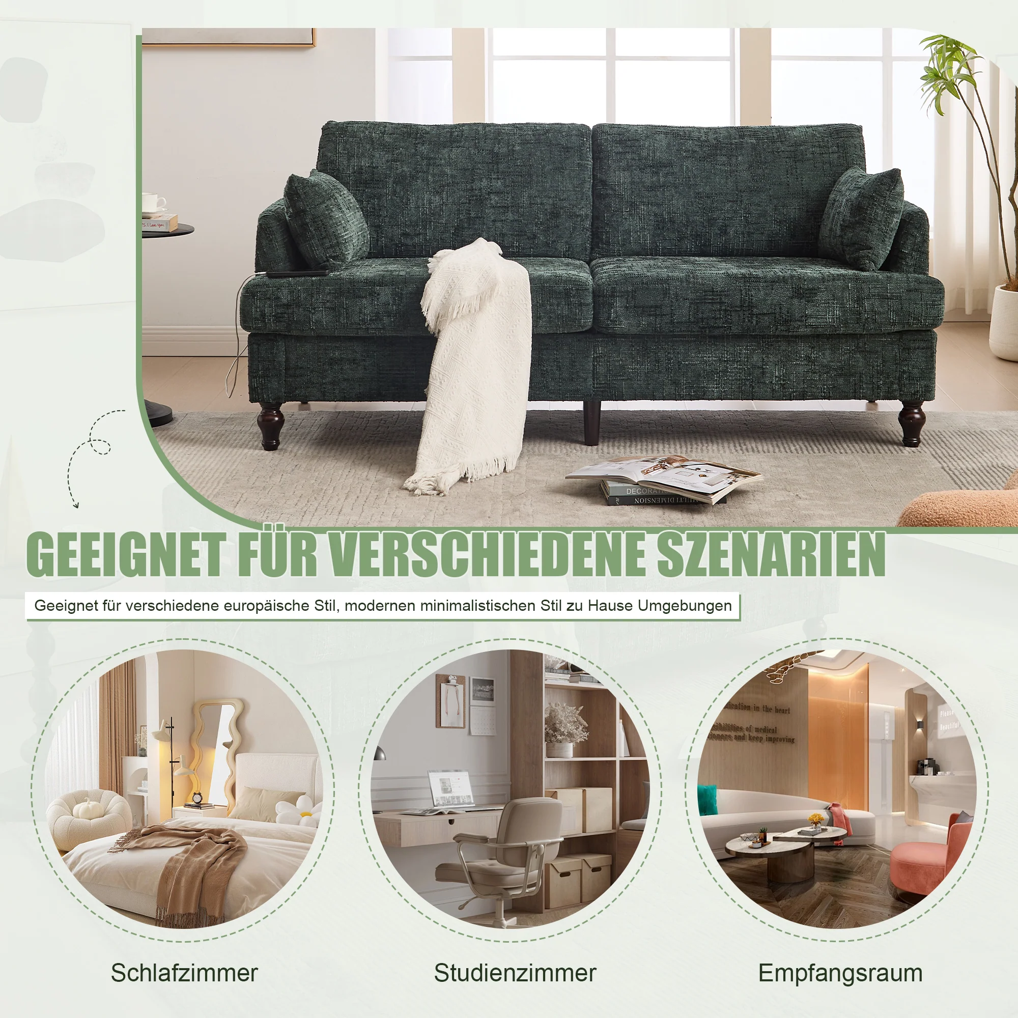 Sofa, Modern 2-Seater with LED Light, USB Port, Storage Bag, Chenille - Image 3