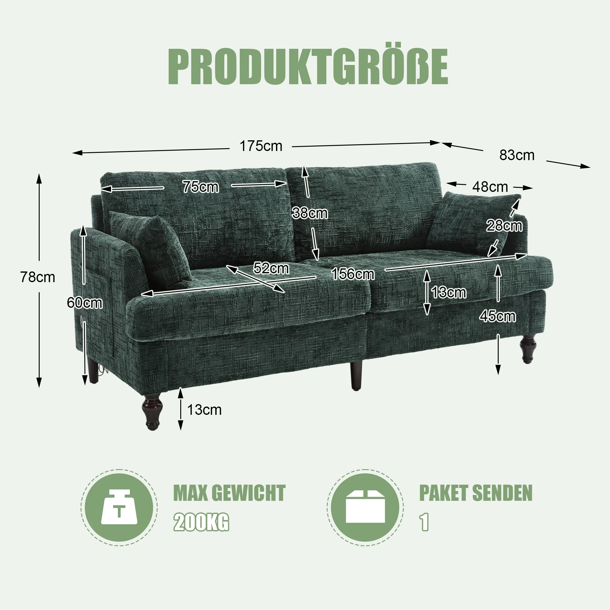 Sofa, Modern 2-Seater with LED Light, USB Port, Storage Bag, Chenille - Image 4